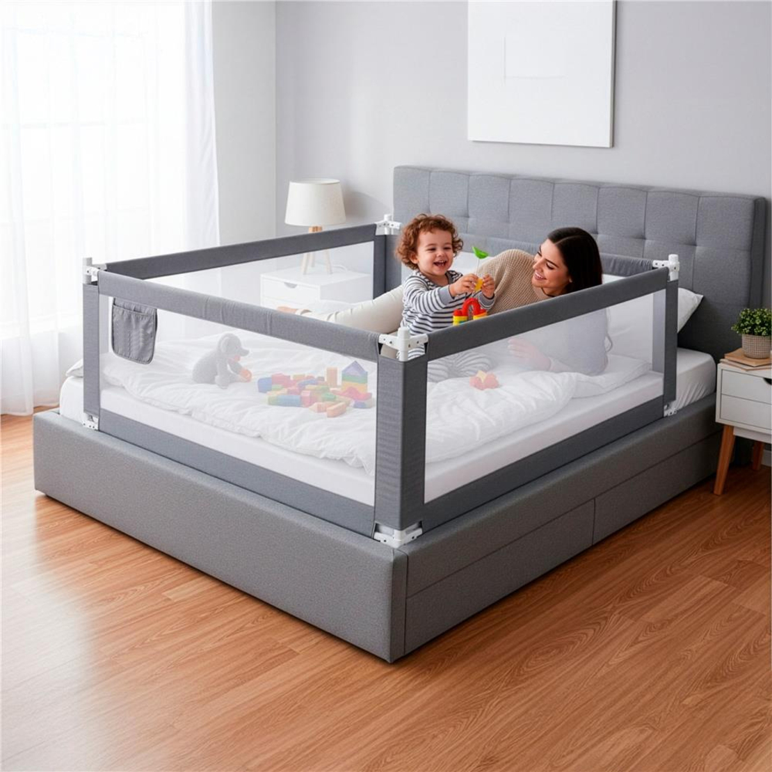 Bariera de siguranta pentru pat, protectie copii, 196 cm, reglabila pe inaltime 75-95 cm, gri