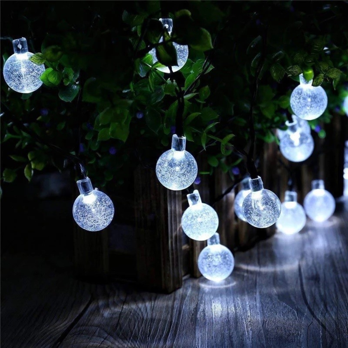 Instalatie Craciun, Tip Globuri de cristal, 20 Led-uri, 5 metri, Alb rece, Energie solara, Senzor de lumina, Vafy