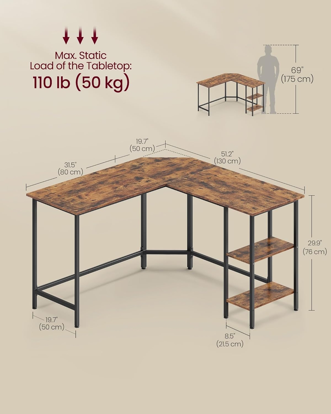 VASAGLE Birou de colt in forma de L, cu 2 rafturi de depozitare, 130x130x76 cm, industrial, maro rustic