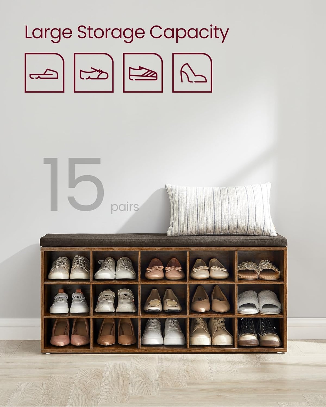 VASAGLE Banca pentru hol cu suport pentru pantofi, 15 compartimente, cu perna, 30x105x48cm, maro rustic