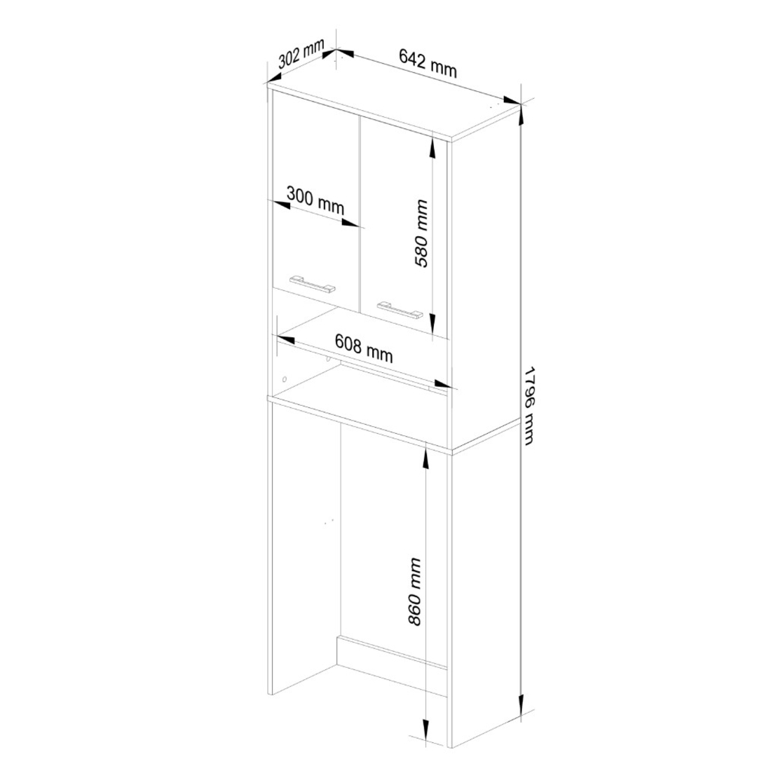 Dulap baie inalt pentru spatiu deasupra masinii de spalat, cu usi si polite, 64x30x180 cm, alb si grafit