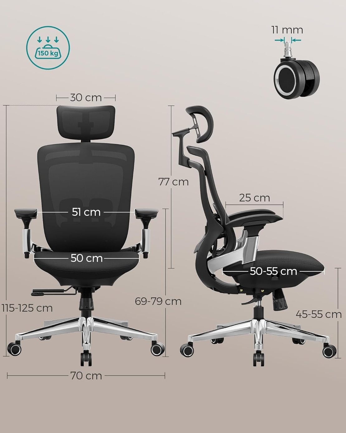 SONGMICS Scaun de birou ergonomic reglabil cu tetiera si suport lombar, inclinare 135°, maxim 150 kg, 70x70x125 cm, negru
