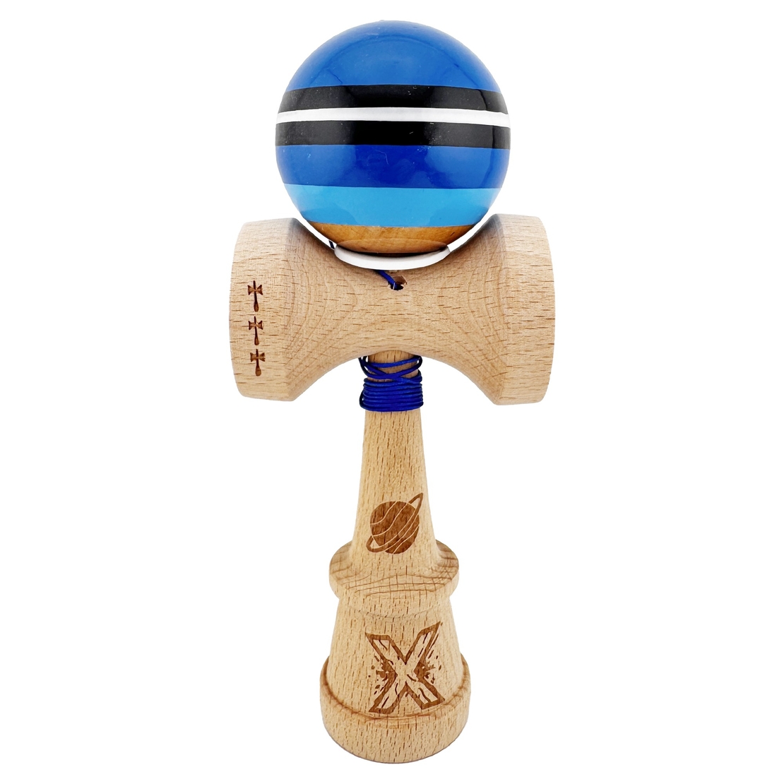 Kendama X Originala, Profesionala, Flippy, SATURN Blue Planet, Super Sticky cu Cupe Mari KING SIZE V3, Gaura in Baza, Rulment Metalic, din lemn 18 cm, Ata 62/65 cm, Albastru