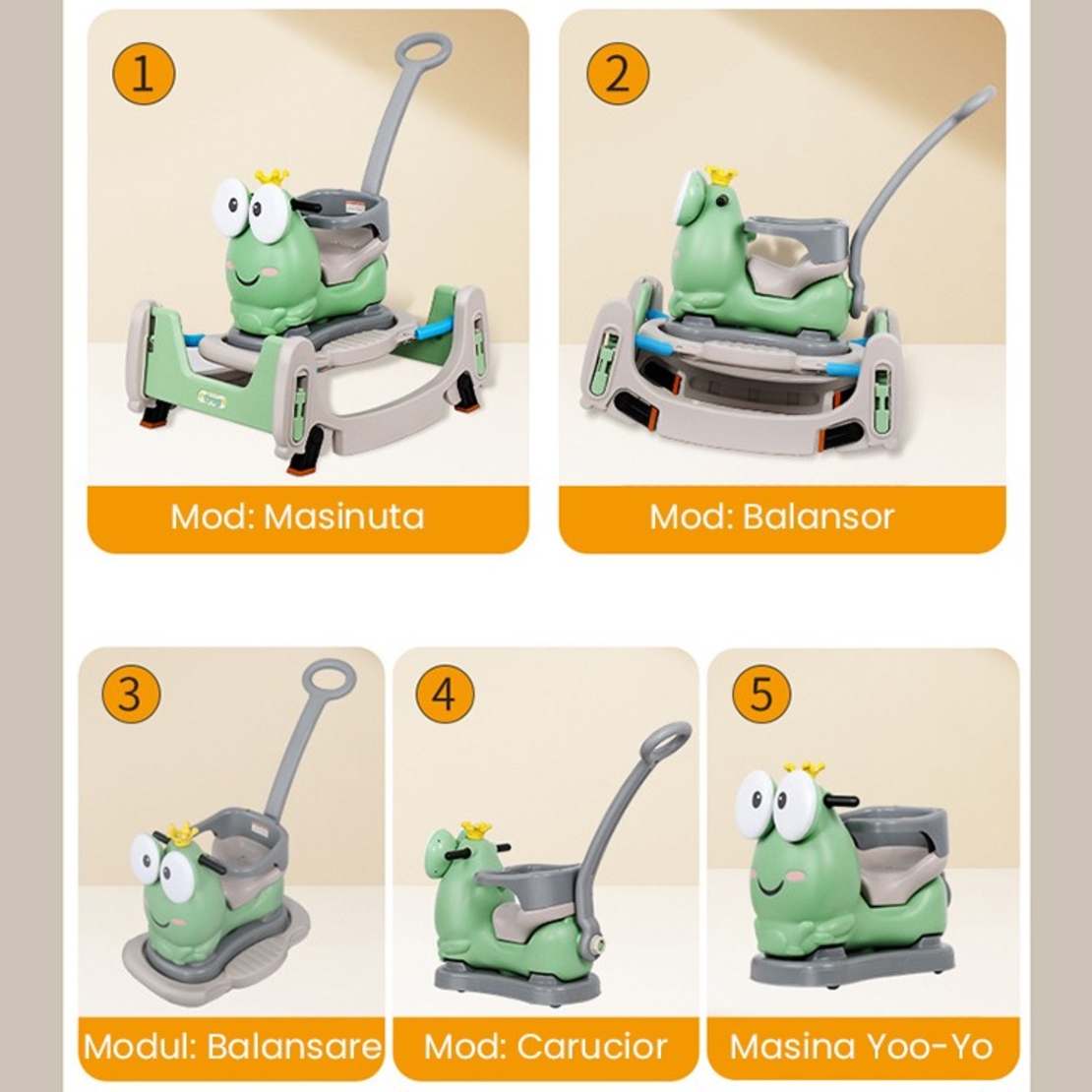 Masinuta Balansor Multifunctionala pentru Copii, Flippy, Model Cal Scooter de tip Masinuta Balansor, Varsta 1-3 ani, 93 x 80 x 58 cm, cu Maner, Verde