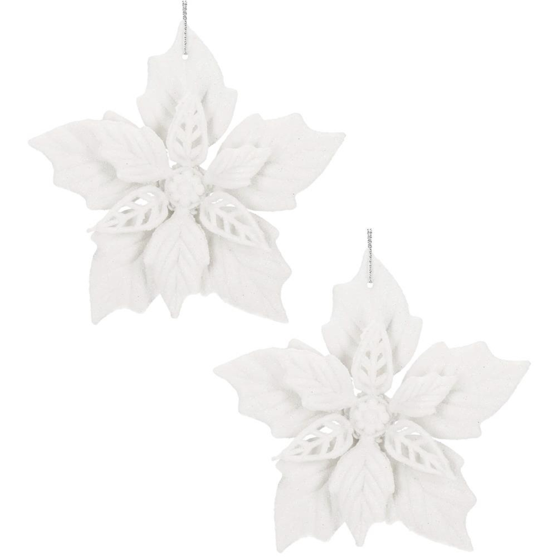 Set 10 flori de Craciun 12 cm, ornamente cu sclipici, plastic, alb