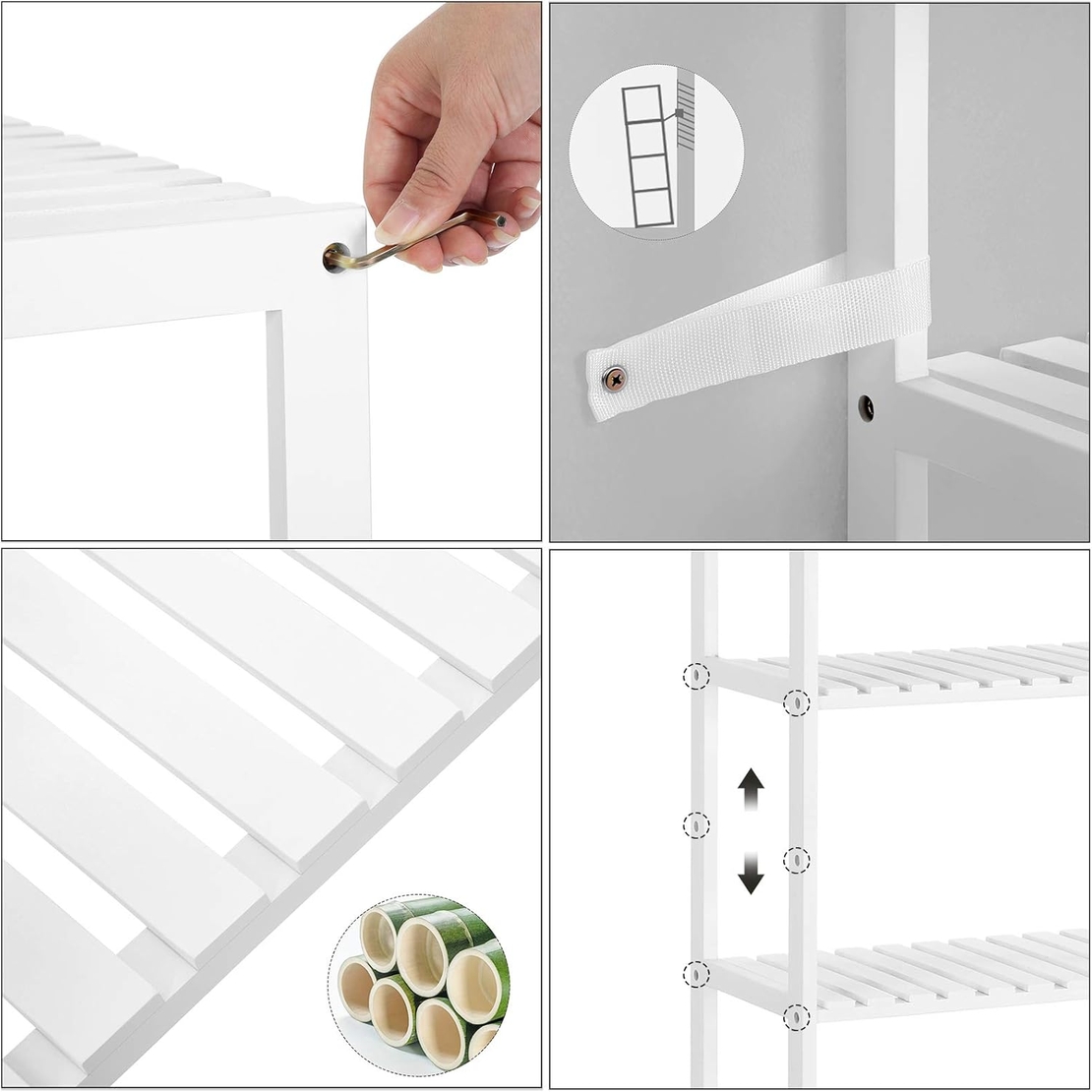 SONGMICS Raft de depozitare din bambus, 5 polite, pentru bucatarie sau baie, 130x60x26cm, alb