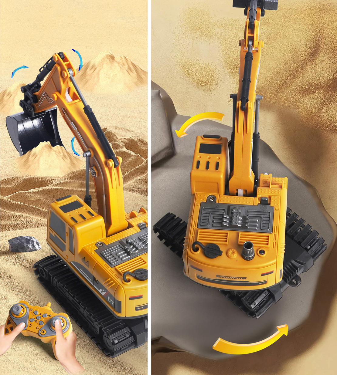 Set utilaje construction RC cu excavator si basculanta, lumini si abur, telecomanda, 3 accesorii incluse