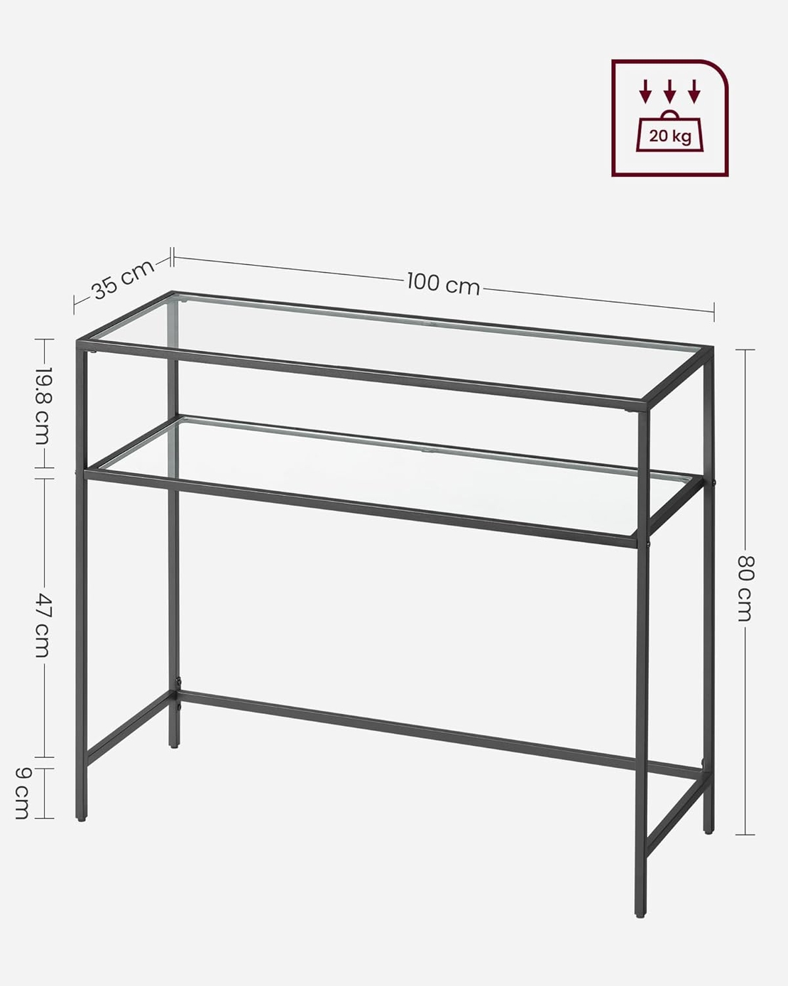 VASAGLE Masa de intrare, pe 2 nivele, blat din sticla securizata, cadru metalic, 35x100x80cm, negru