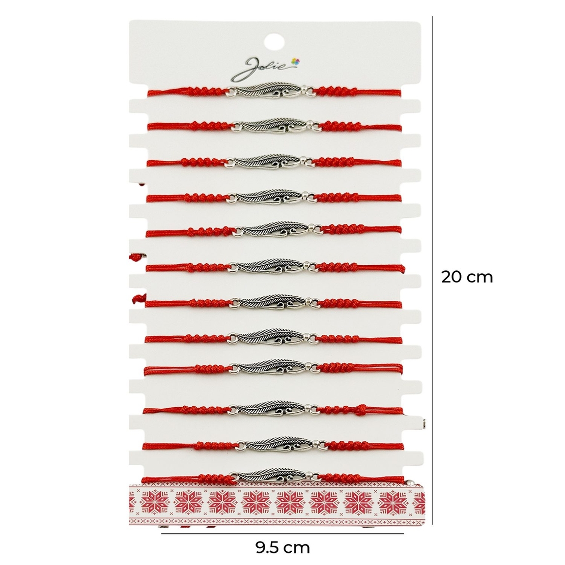 Martisor Bratara Impletita cu Pandantiv din Inox, Jolie, pentru Dama, Set 12 bucati, Snur Rosu Textil, Dimensiune Reglabila, Model Pana