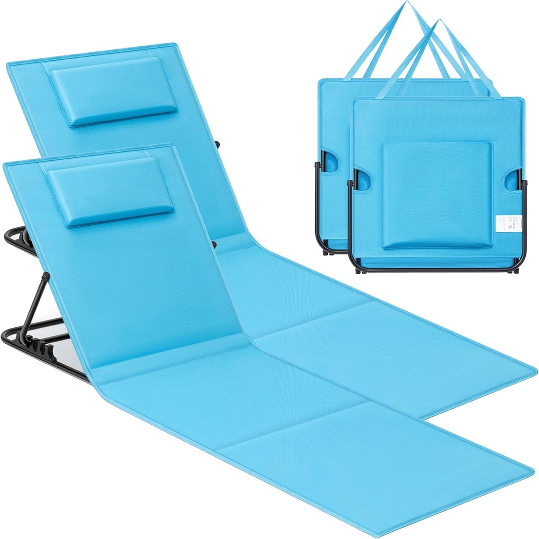 SONGMICS Set 2 sezlonguri plaja pliabile, spatar reglabil in 4 pozitii, tetiera, buzunar depozitare, 158x55 cm, albastru