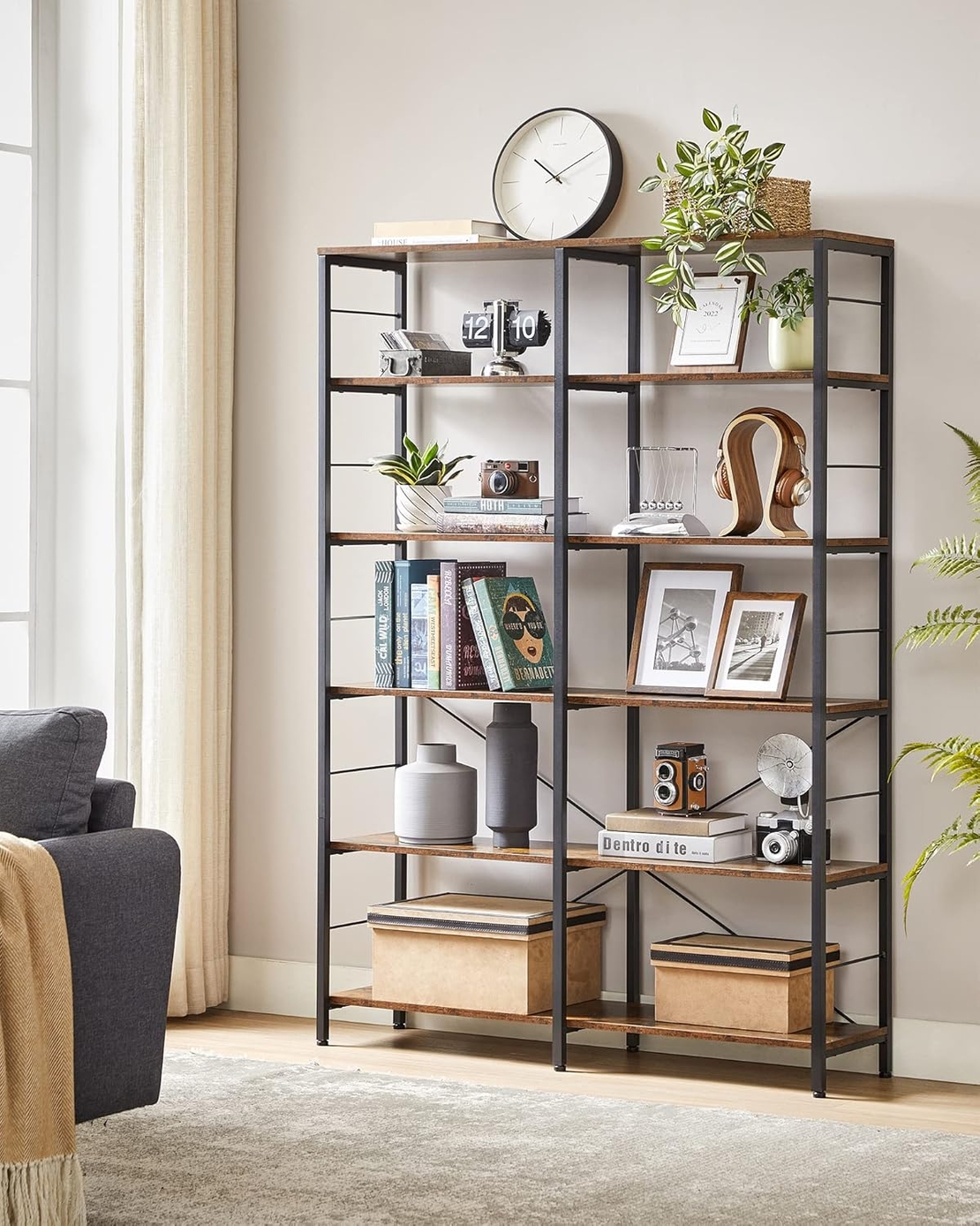 VASAGLE Biblioteca 6 rafturi, cadru metalic, stil industrial, 30x120x170 cm, maro rustic