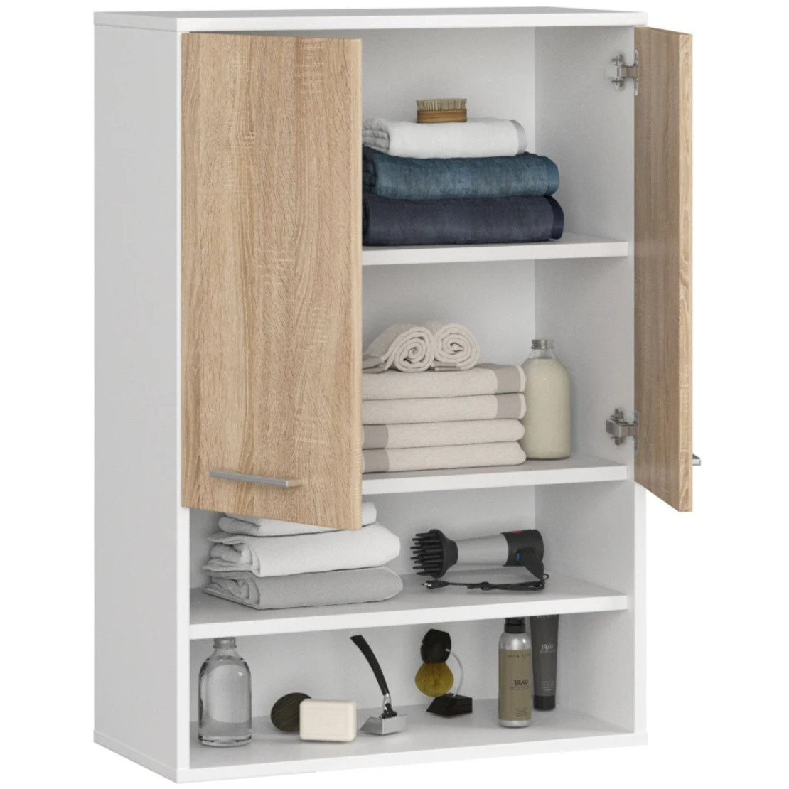 Dulap baie suspendat, cu 2 usi si 2 rafturi deschise, PAL 16 mm, 64x30x94 cm, alb si stejar sonoma