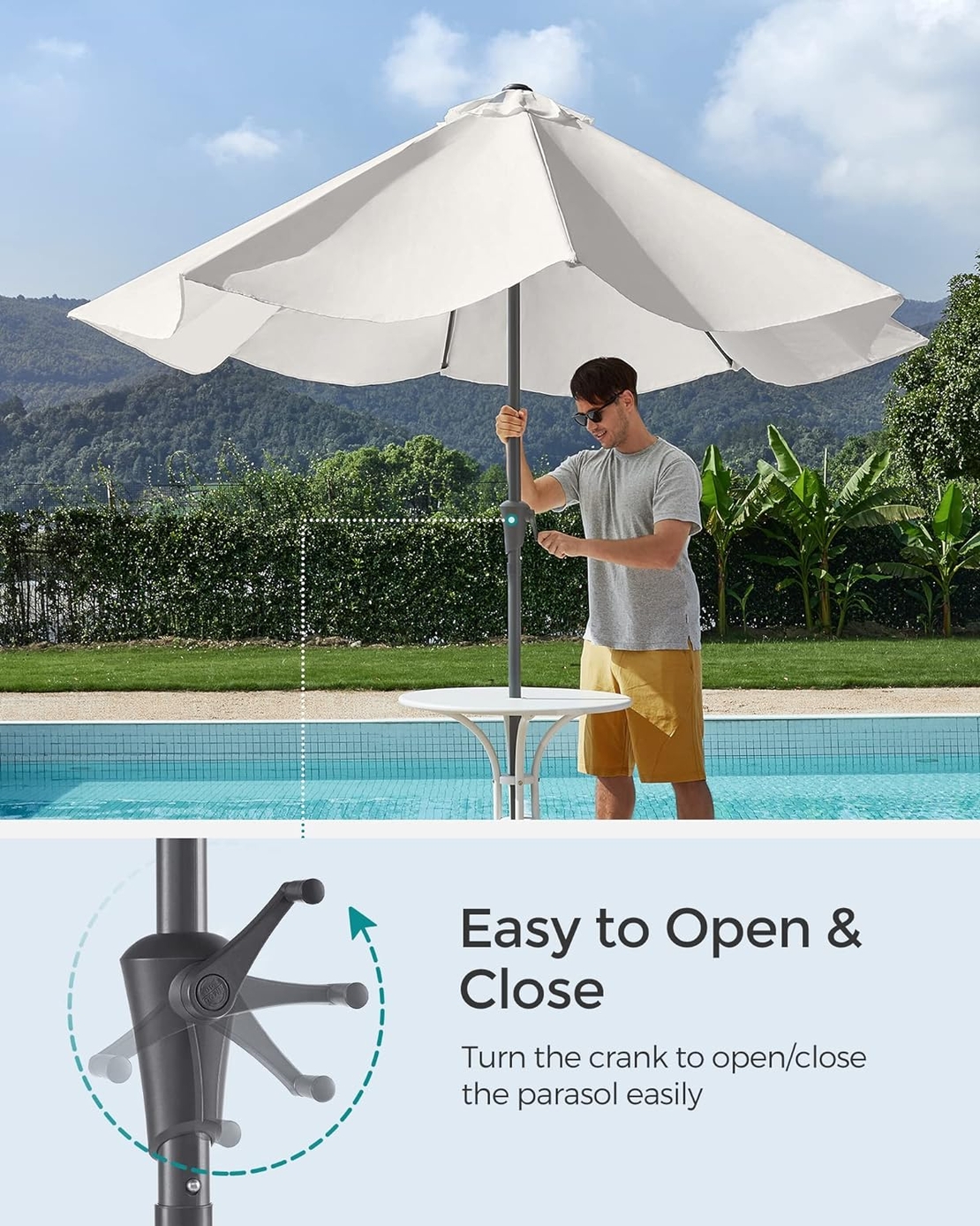SONGMICS Umbrela de gradina, cu manivela pentru deschidere, sistem inclinare, 300cm, bej
