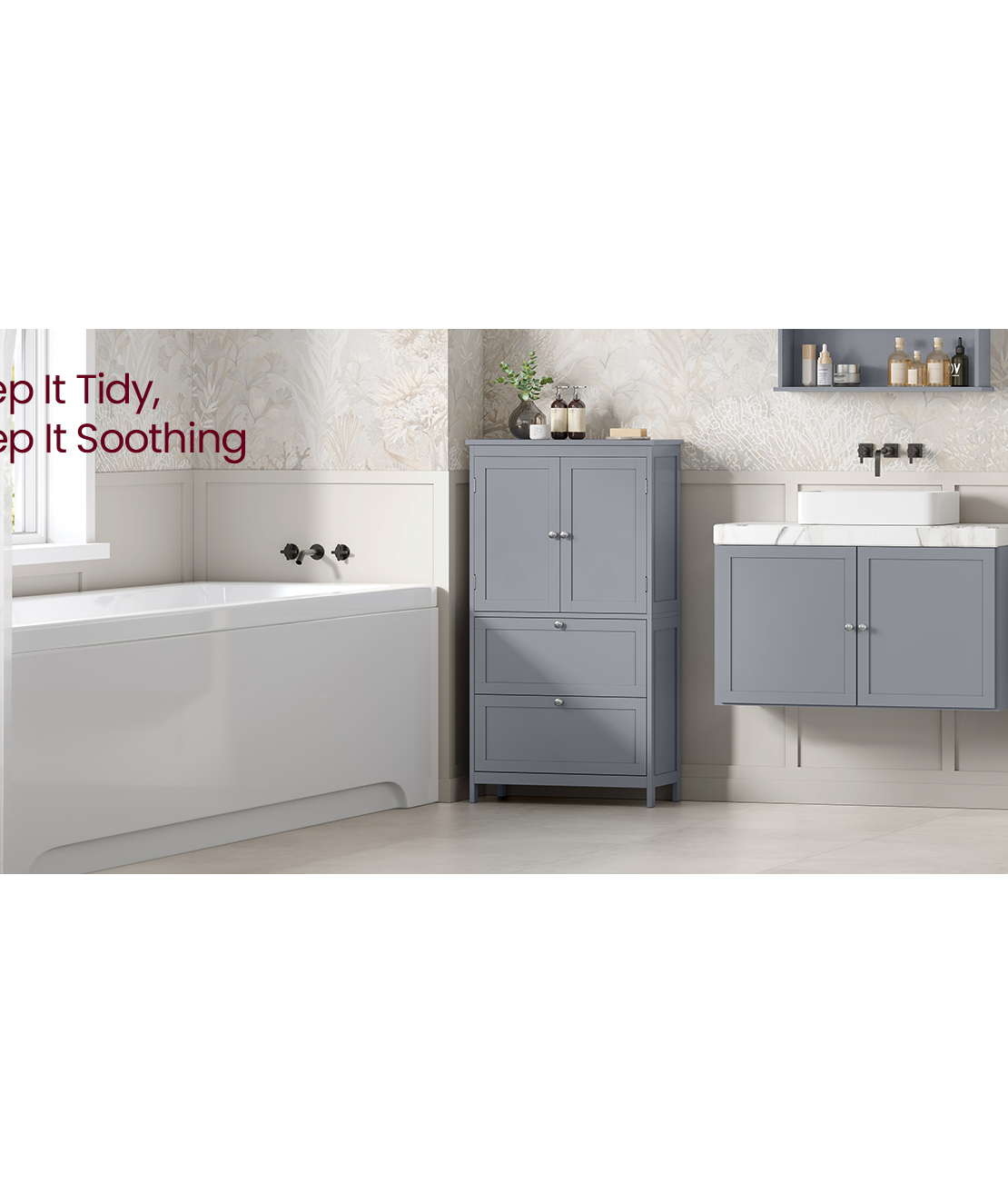 VASAGLE Dulap de baie, din MDF, cu 2 sertare si 2 usi, raft reglabil, 30x60x110cm, gri