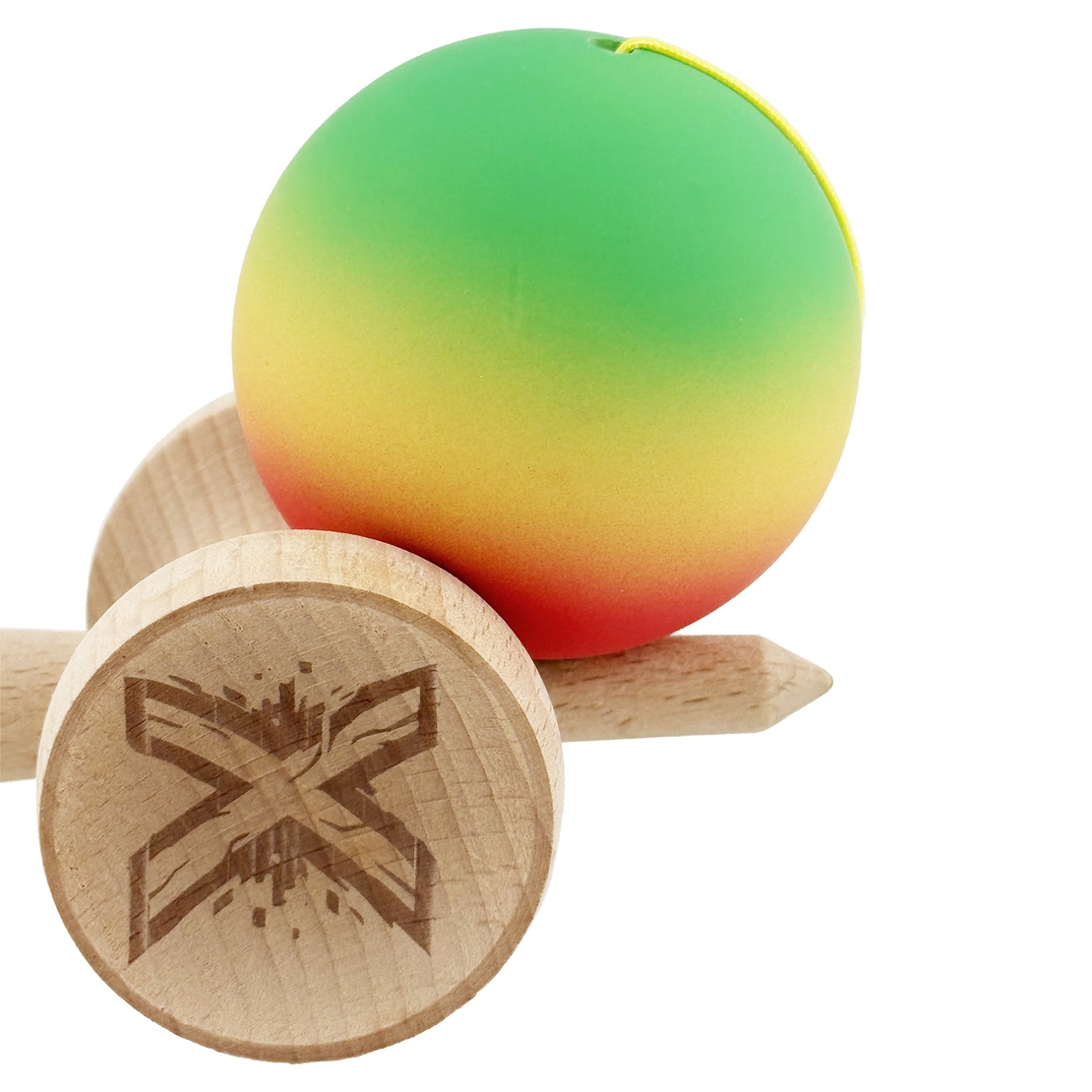 Kendama X Originala, Profesionala, Flippy, Cupe Mari KING SIZE V3, Rubber Grip, Gaura in Baza, Rulment Metalic, din lemn 18 cm, Ata 62/65 cm, Gradient Verde/Galben/Rosu