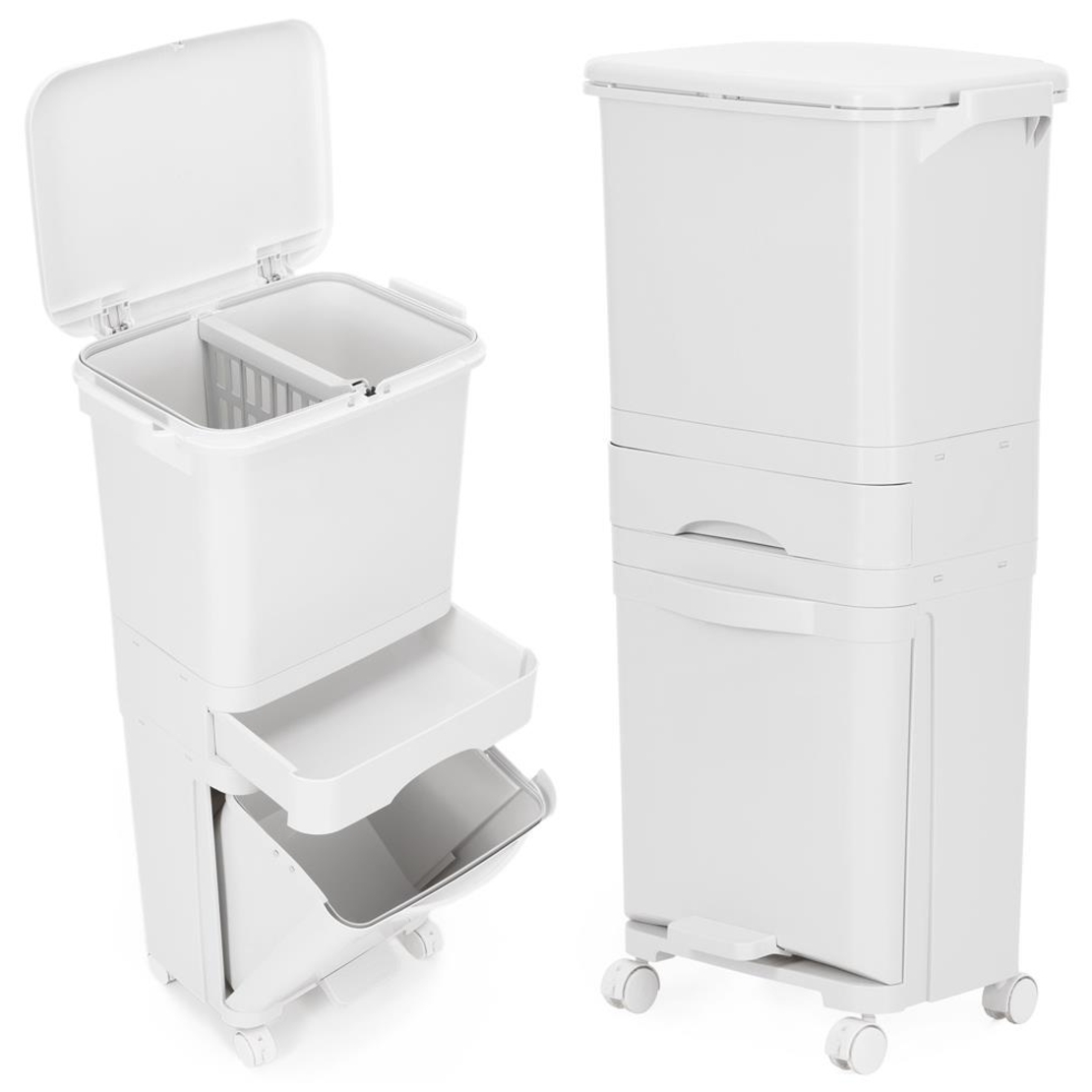 Cos de gunoi pentru colectare selectiva cu 3 compartimente, pe roti, 42 L, alb