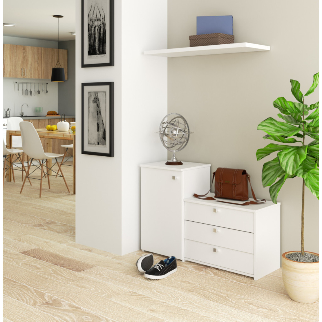 Dulap pantofi S16 cu comoda, 3 niveluri rabatabile, PAL laminat 16 mm, 98x33x67 cm, alb