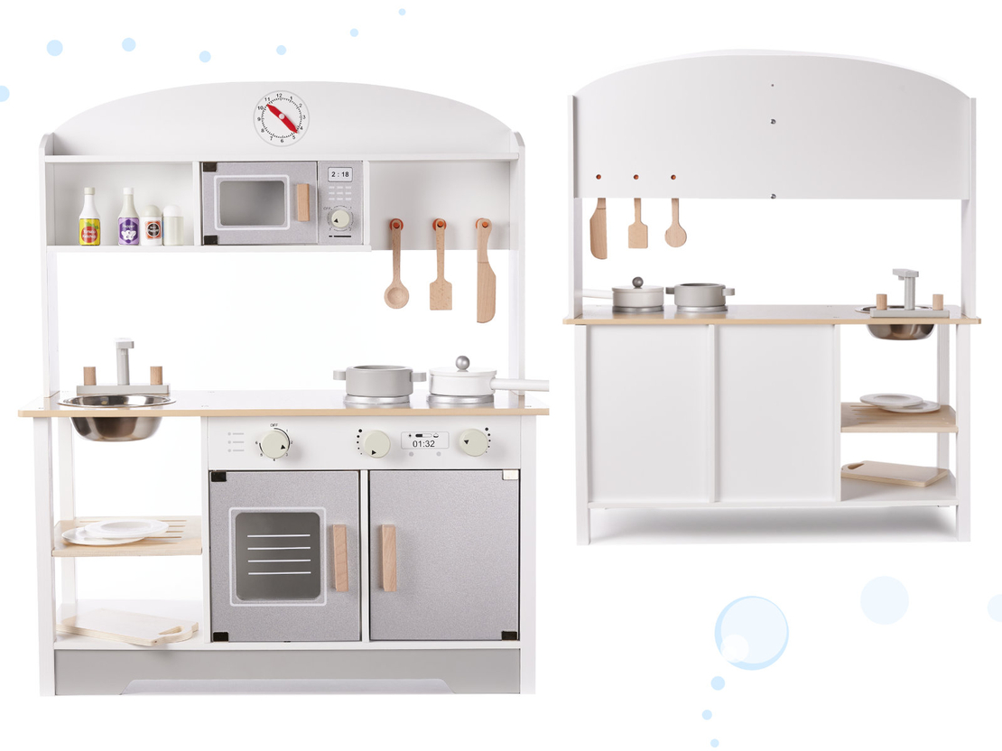 Bucatarie din lemn pentru copii cu accesorii, MDF si lemn, 68x25x82 cm, gri si alb