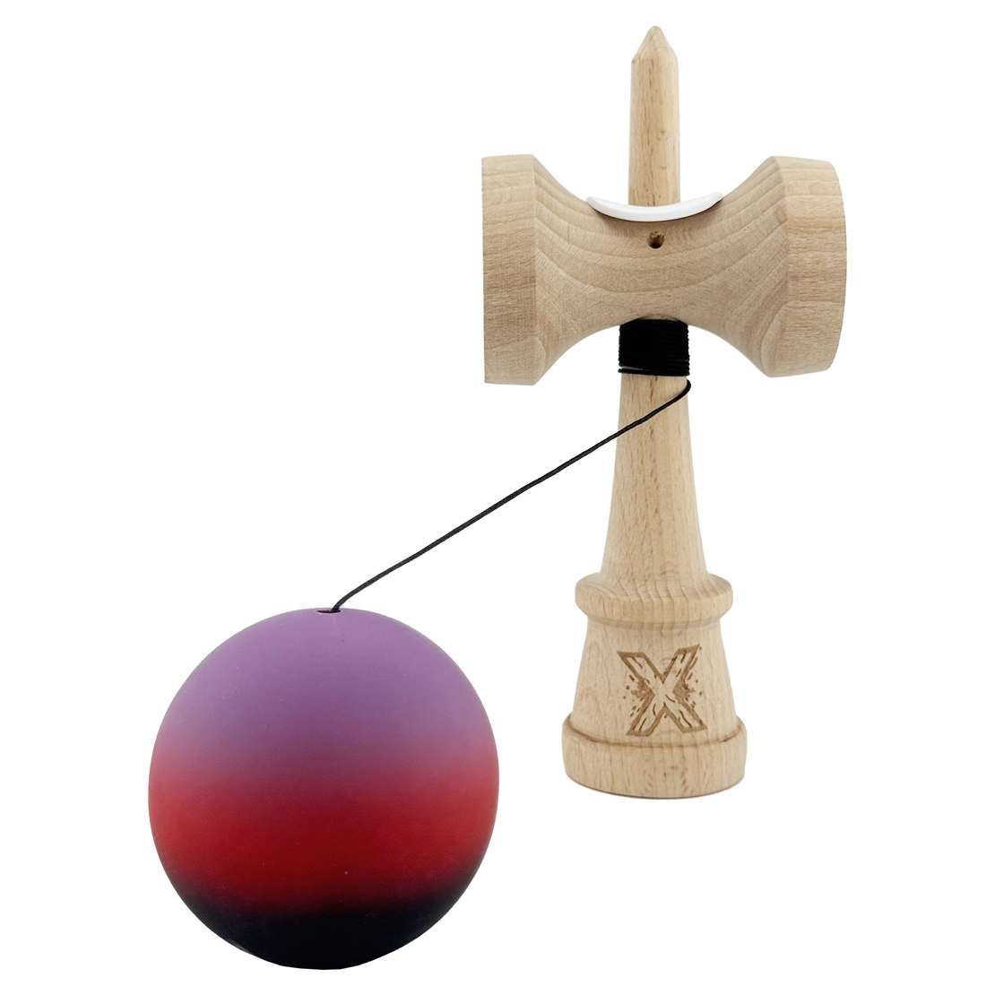Kendama X Originala, Profesionala, Flippy, Cupe Mari KING SIZE V3, Rubber Grip, Gaura in Baza, Rulment Metalic, din lemn 18 cm, Ata 62/65 cm, Gradient Mov/Rosu/Negru