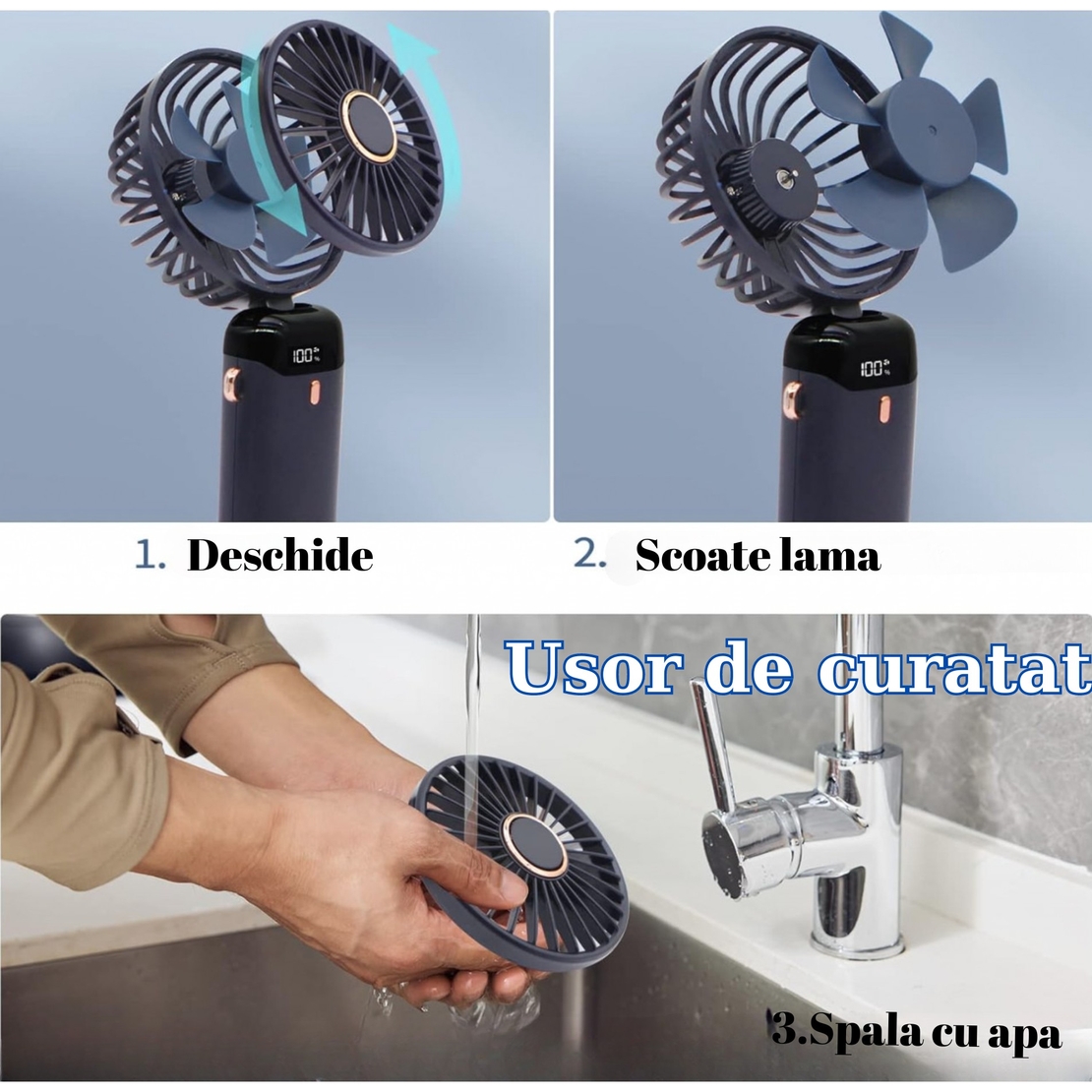 Ventilator Ultra Portabil cu Aromaterapie, Vafy, 3 in 1, de Mana, de Birou, de Gat, 5 Trepte de Viteza, Incarcare USB, Autonomie 12h, Pliabil, cu Ecran LCD, Albastru