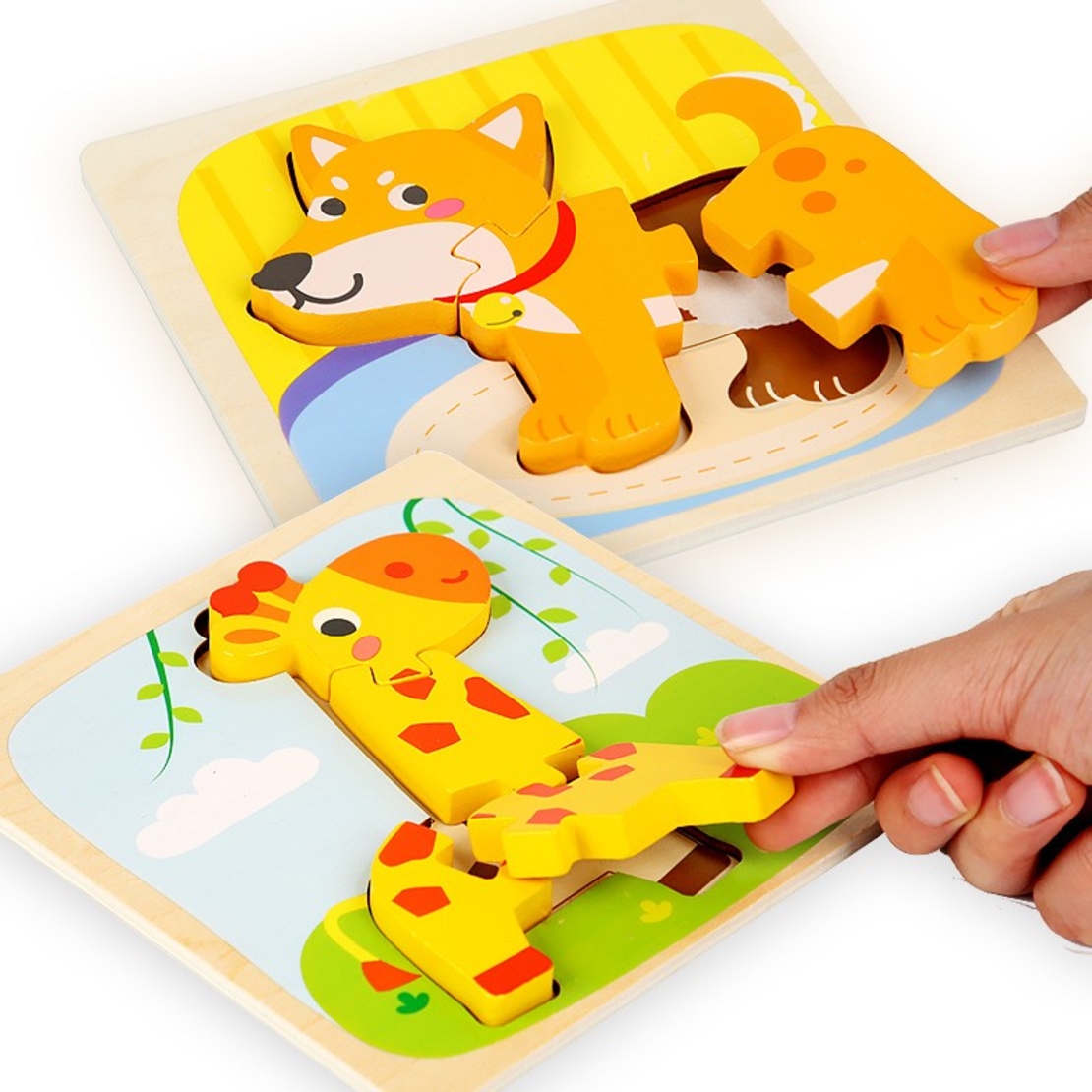 Puzzle Montessori din Lemn pentru Copii, Flippy, 3D, 0-3 Ani, Model Catel, Educativ, Intuitiv, Creativ, 3 Piese, 15x15x0.5 cm, Multicolor