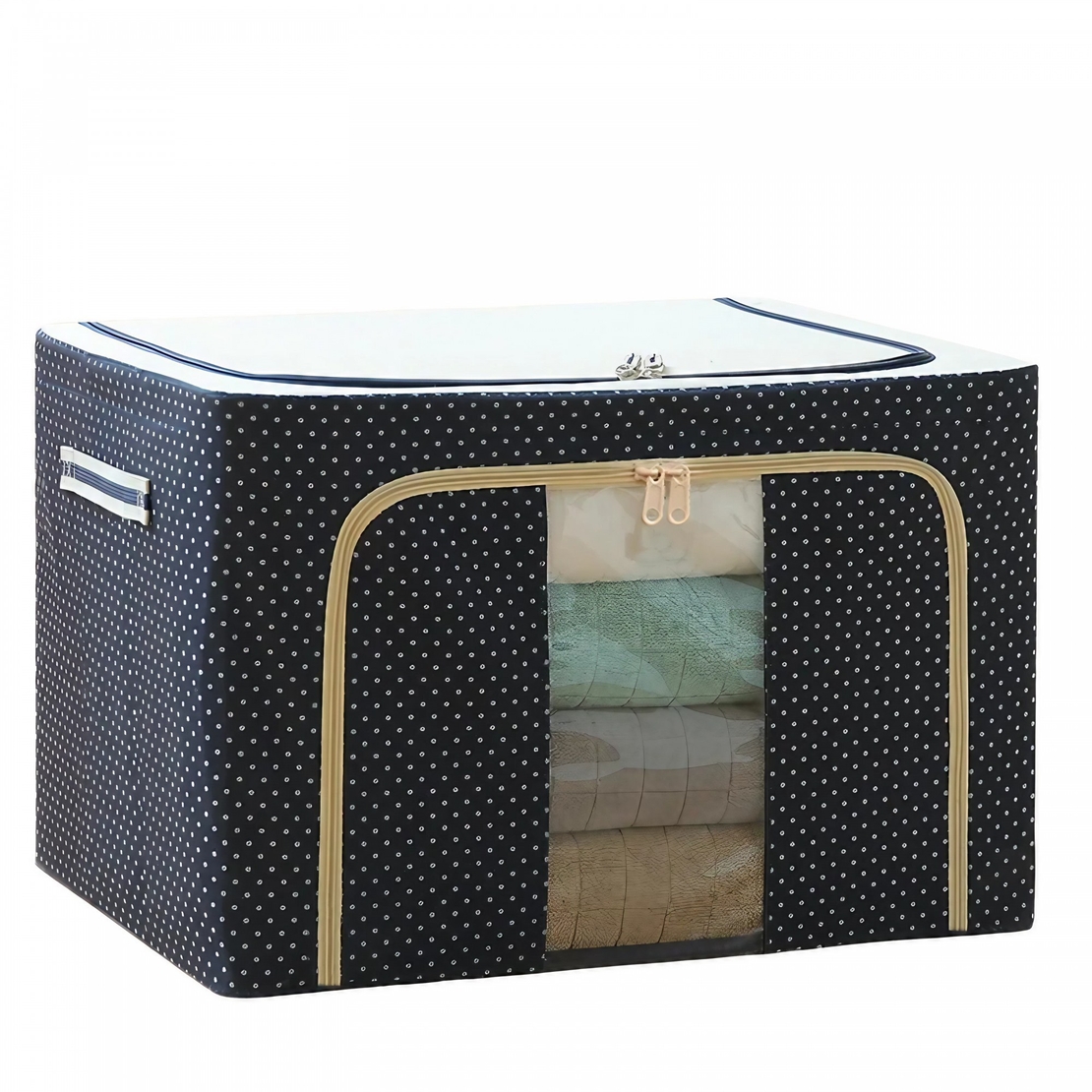 Cutie de Depozitare Pliabila, Vafy, Cu Fermoar, 66 L, Textil, 50 x 40 x 33 cm, Cadru Metalic, Suport Baza Stabil din Plastic, Imprimeu Buline, Albastru Marin