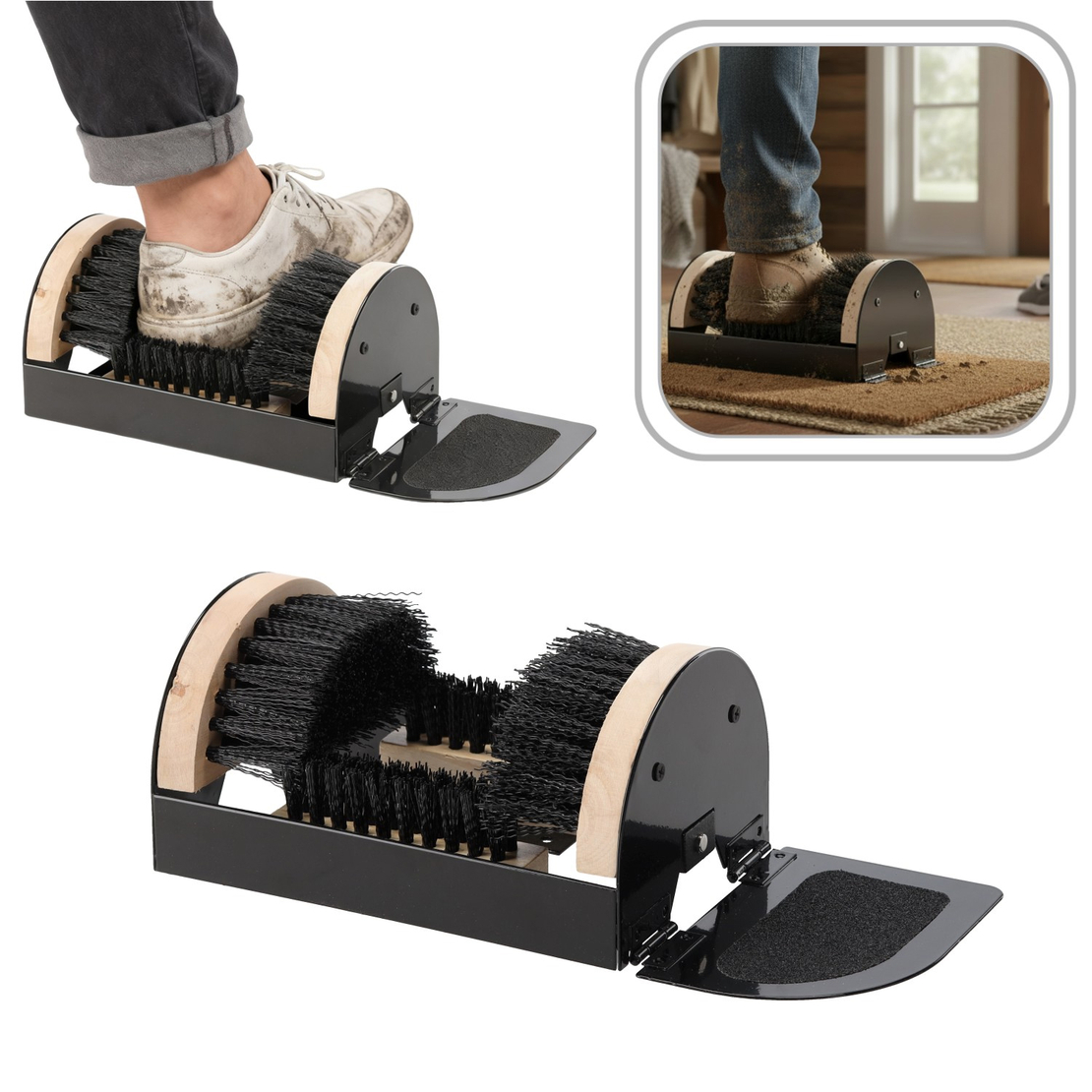 Curatator incaltaminte cu perii pentru exterior, cadru metalic si baza din lemn, 23x15x11 cm