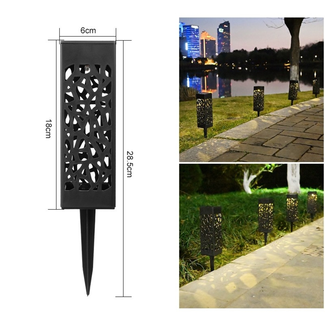 Lampa solara LED, Flippy, Set 6 Bucati, Tip Felinar, pentru Gradina, Inaltime 30.2 cm, putere 0.2W, 1.2V, 600mAh, Lumina Alb Cald, Negru