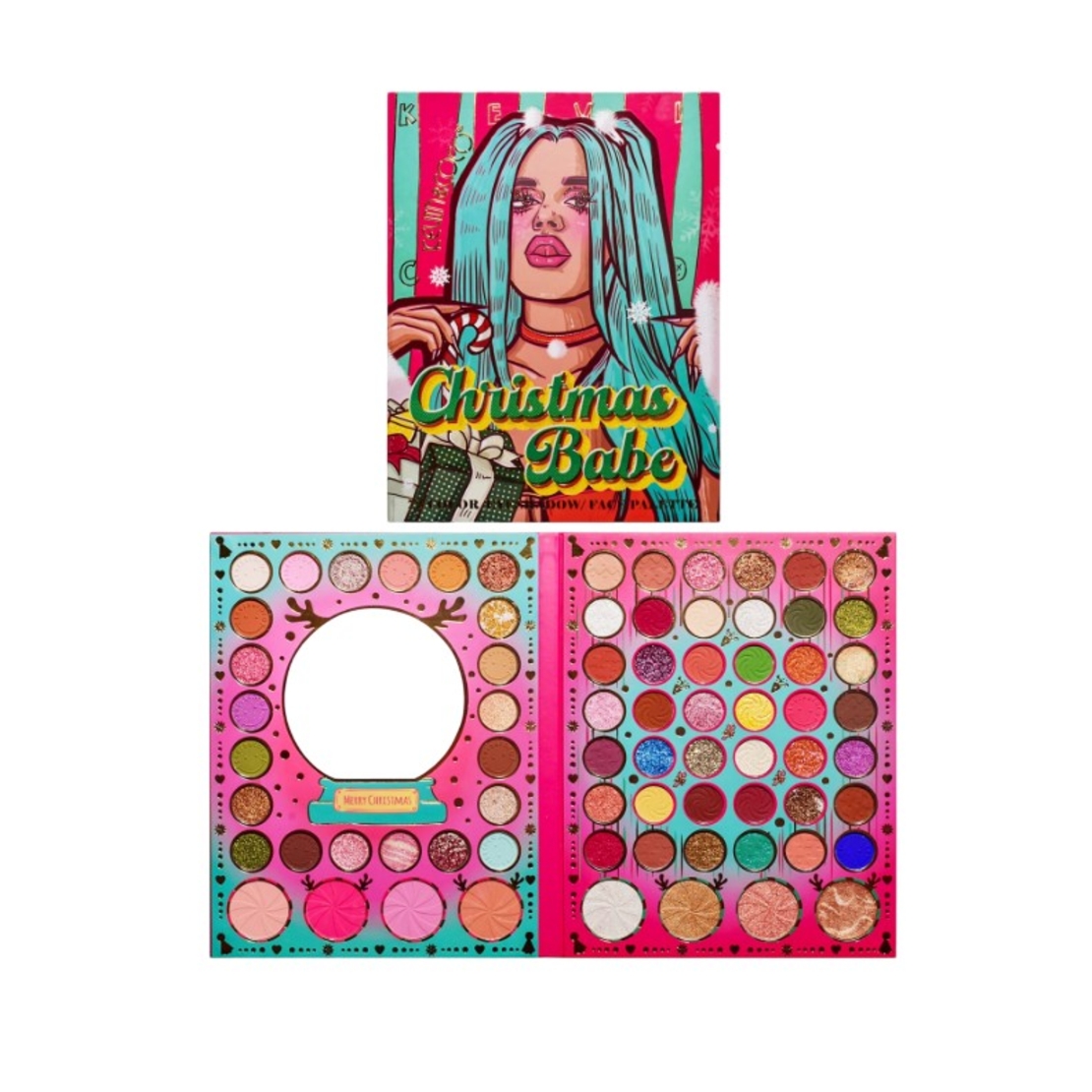 Set de Machiaj Kevin&Coco, 72 de Culori, Paleta de Farduri, Iluminatoare, Blush, Model Christmas Babe, Oglinda Rotunda, 25.5x20x1.7 cm, Multicolor