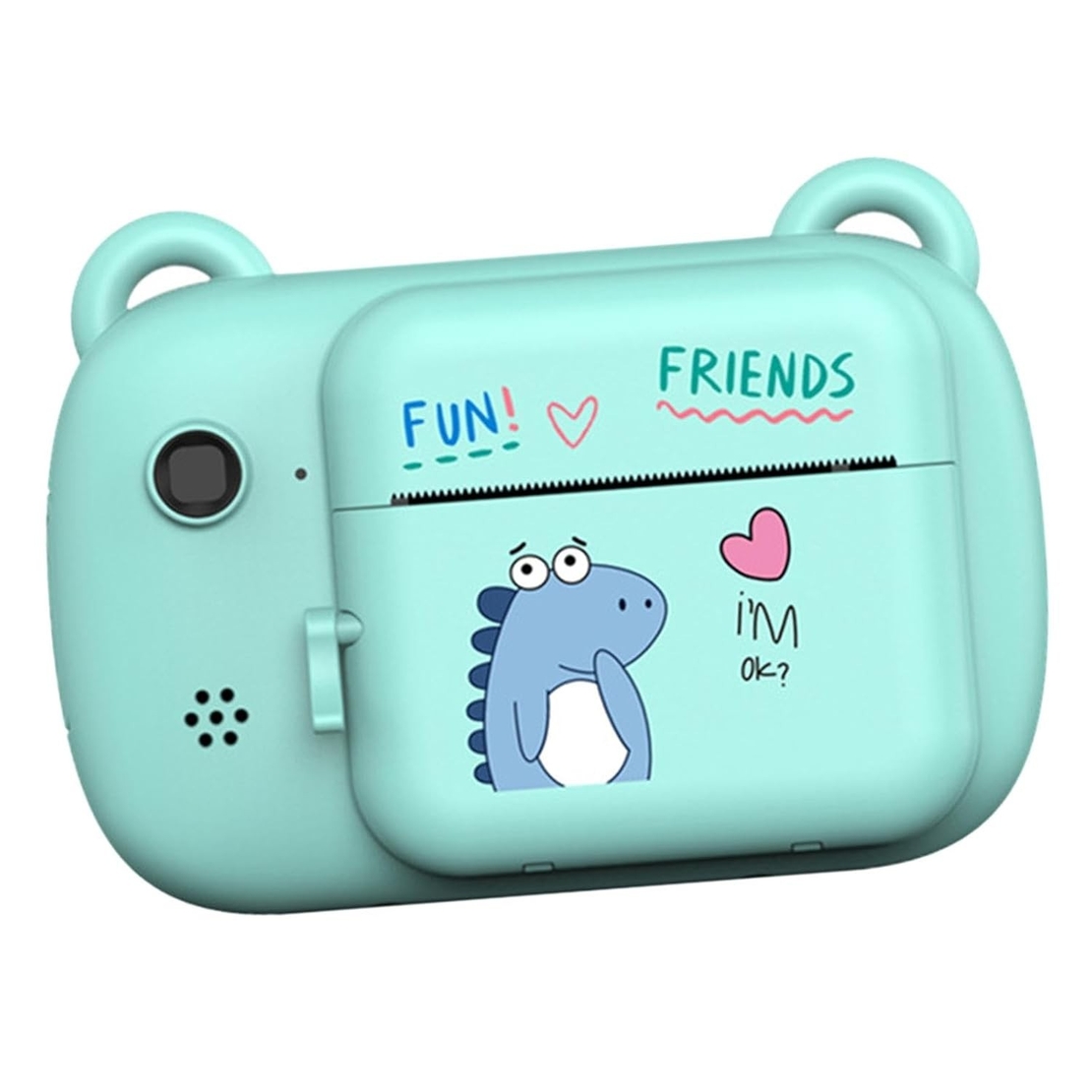 Camera Instantanee pentru Copii, Flippy, Camera Frontala + Selfie, cu Functie de Printare, Cablu USB-C, Bluetooth, Compatibil iOS/Android, Imprimare APP, Model Dino Love, Albastru