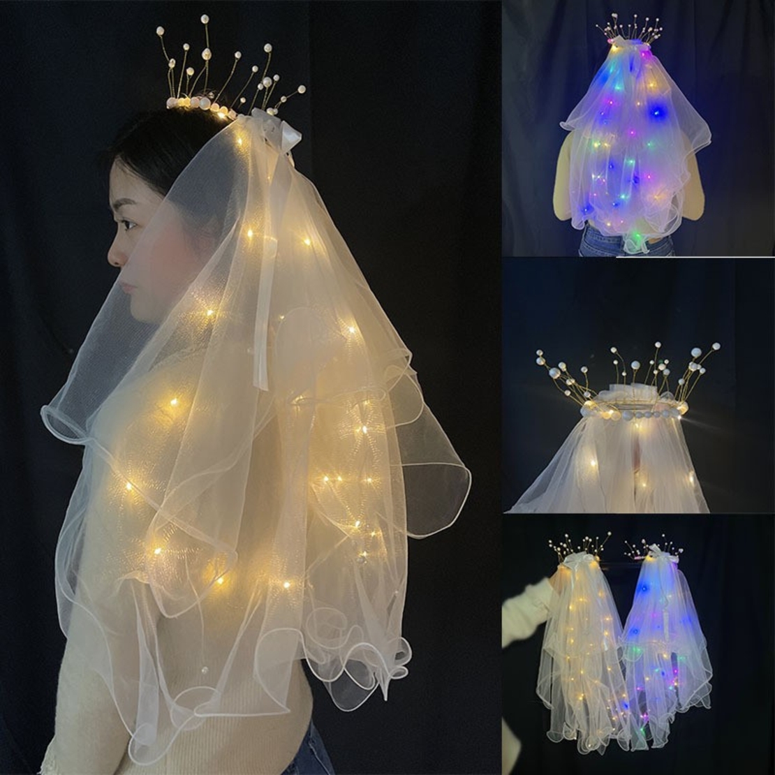 Voal Luminos cu Coronita, Flippy, Lumina Multicolora, pentru Serbari Copii, Petrecerea Burlacitelor, Marime universala, Lumina LED, Alb