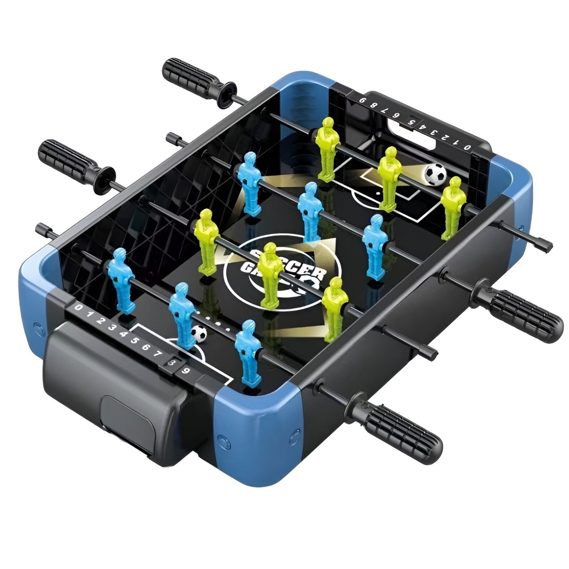 Masa de Joc 5in1 Flippy, cu Teren Schimbabil de Fotbal, Basket, Bowling, Curling si Hockey, cu Tablou Scor, din ABS, 47.5x32x8.5 cm, Design Multicolor, pentru Copii/ Adulti