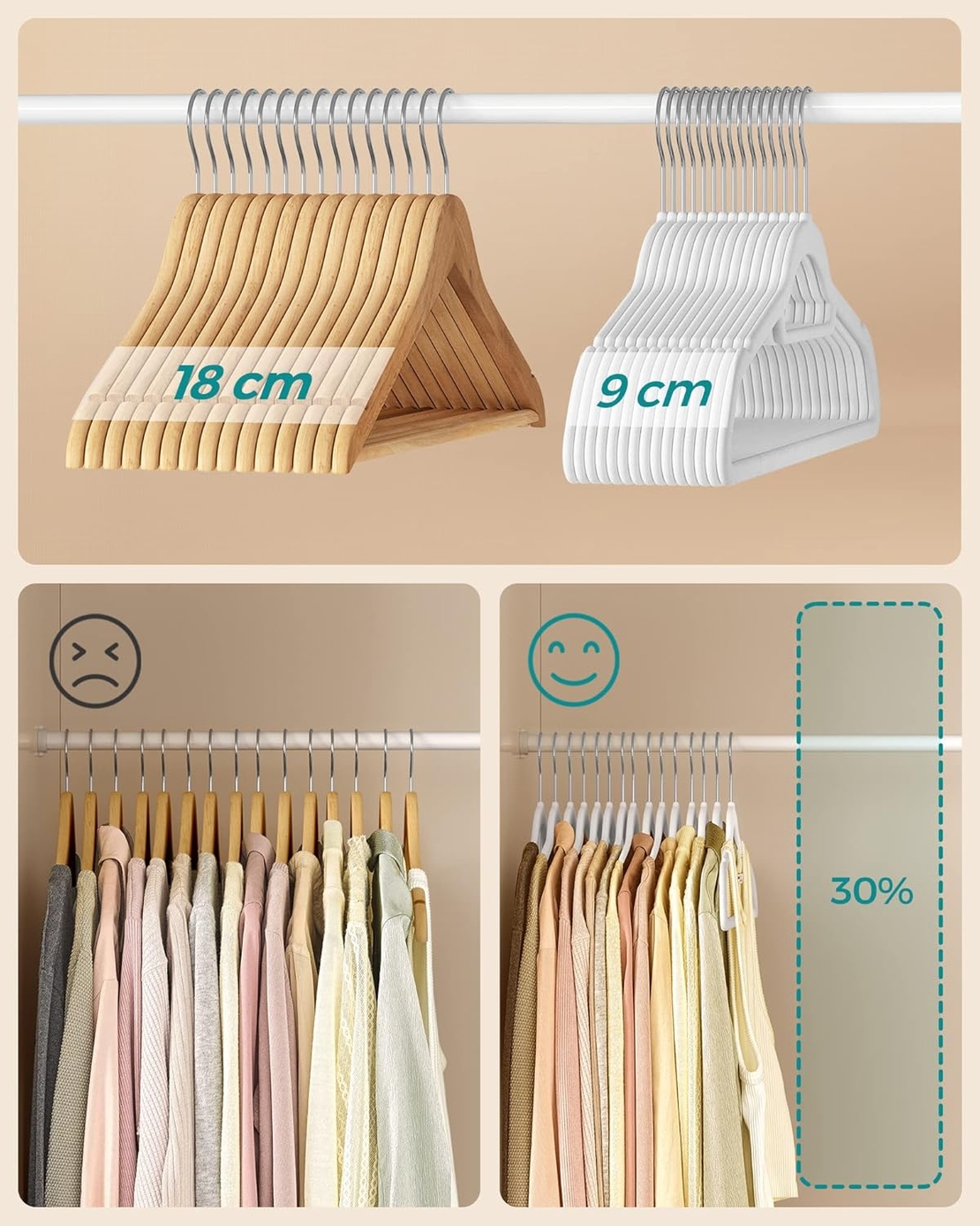 SONGMICS Set de 20 de umerase pentru haine, anti-alunecare cu catifea, bara de cravata si carlig pivotant, 43,5 cm, alb
