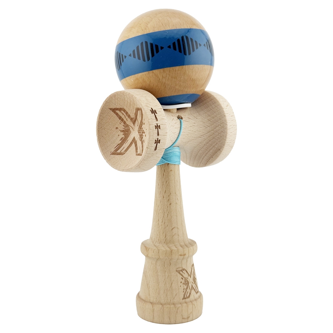Kendama X Originala FREQUENCY, Profesionala, Flippy, Cupe Mari KING SIZE V3, Super Sticky, Gaura in Baza, Rulment Metalic, din lemn 18 cm, Ata 62/65 cm, Albastru/Maro