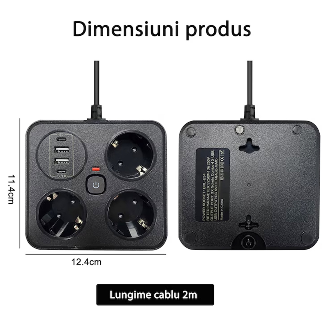 Prelungitor Multifunctional pentru Birou, Vafy, 3 Prize, 2 USB-A, 2 TYPE-C, Suport pentru Telefon, 3250W, Lungime Cablu 2 m, 11.4 x 12.4 cm, Negru