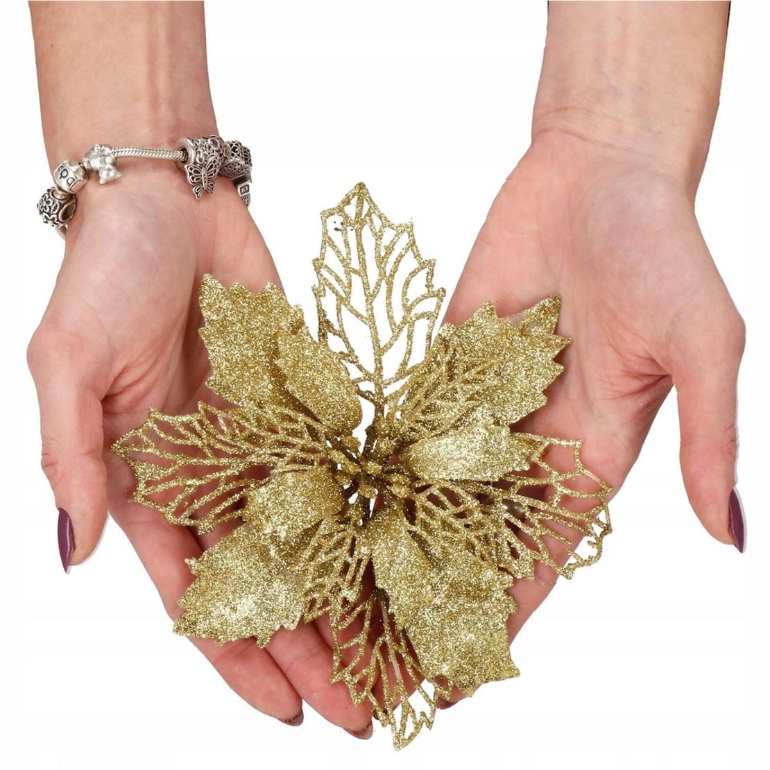 Set 10 ornamente pentru bradul de Craciun, stea Poinsettia, 16cm, galben auriu