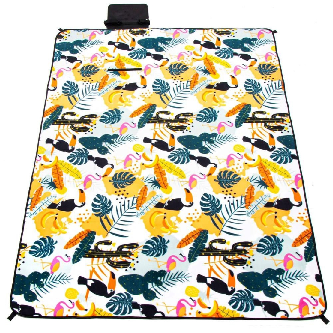 Patura pentru picnic sau plaja, cu folie izolatoare si maner, 150x200cm, model tropical, alb verde
