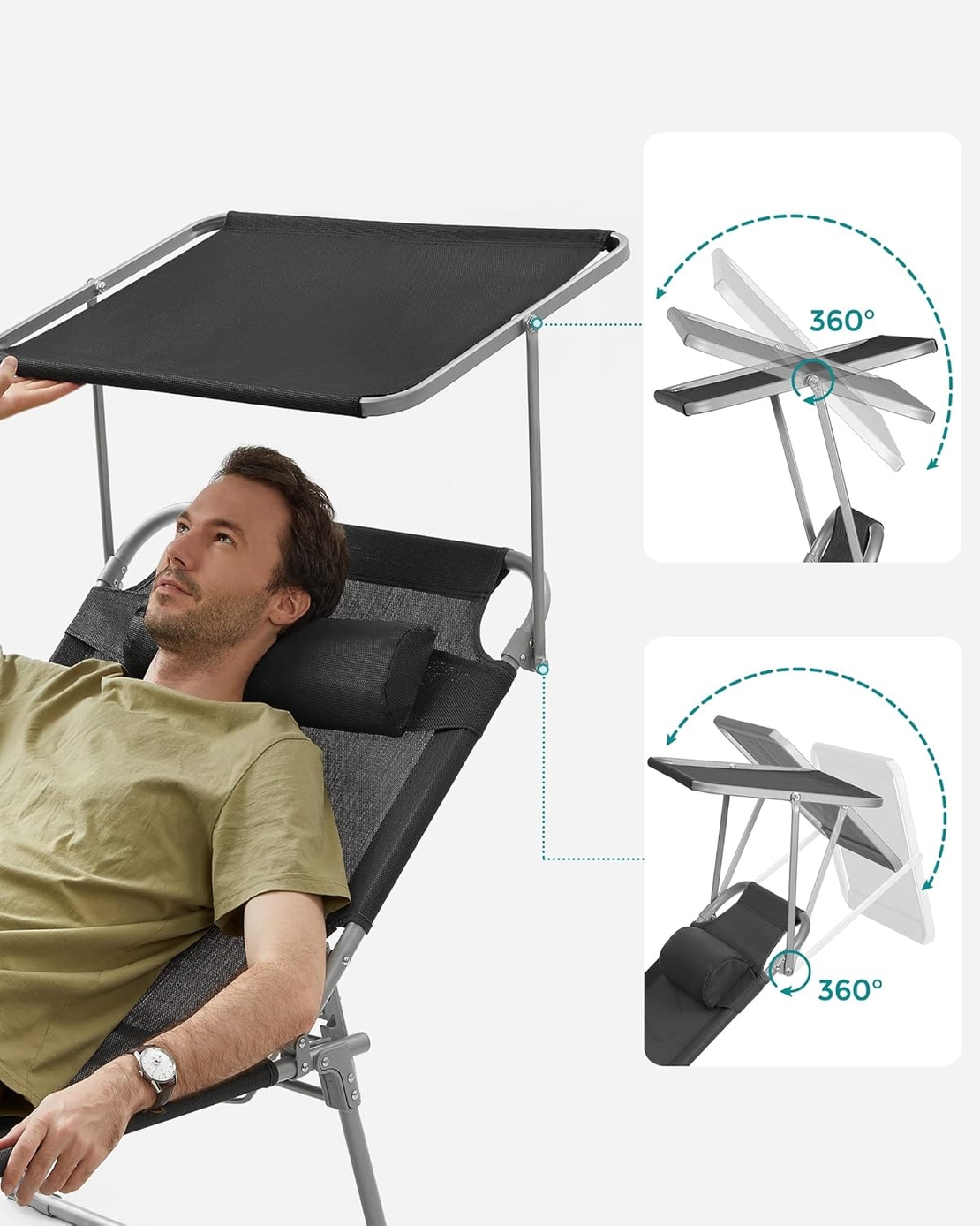 SONGMICS Sezlong pliabil, cu parasolar si tetiera, spatar reglabil in 4 pozitii, maxim 150kg, 200x71x38cm, negru