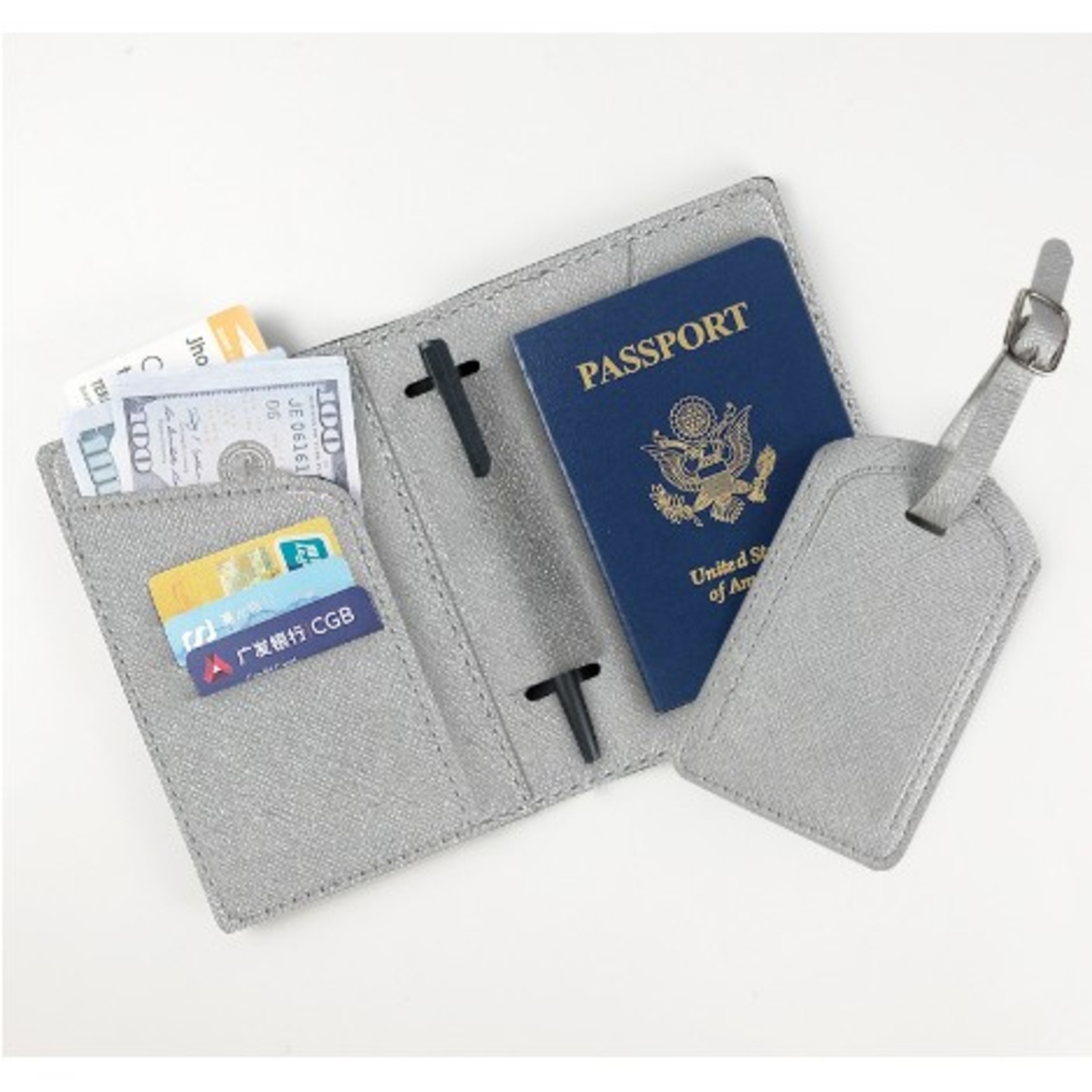 Portofel pentru Pasaport si Carduri, Vafy, 23x16 cm, 70g, din Piele PU, Suport Pix, Accesoriu Suport Eticheta, Unisex, Multifunctional, Argintiu