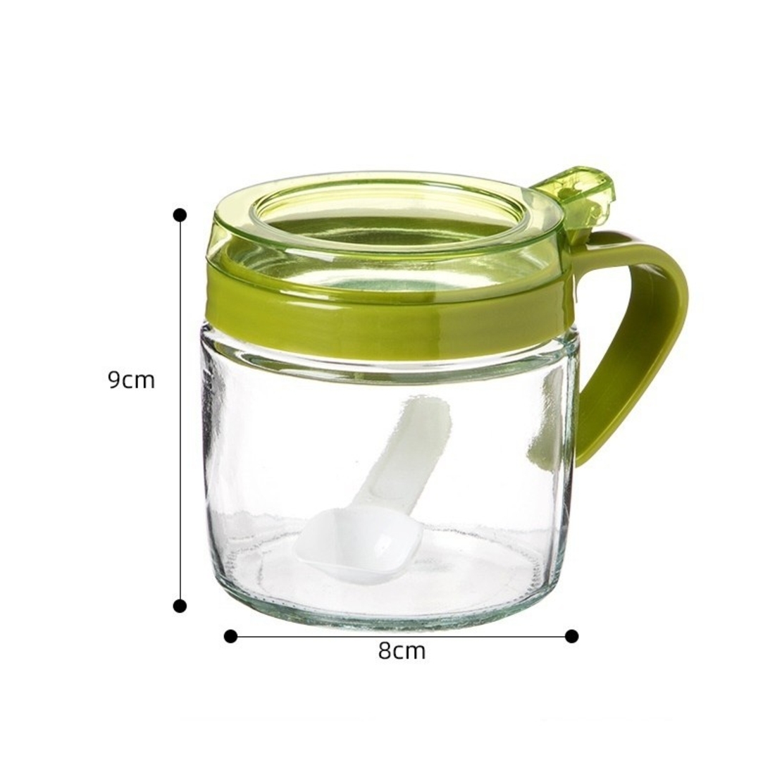 Recipient Condimente, Vafy, din Stilca, 180 ml, cu Maner si Lingurita, 8 x 9 cm, Capac Transparent, Verde