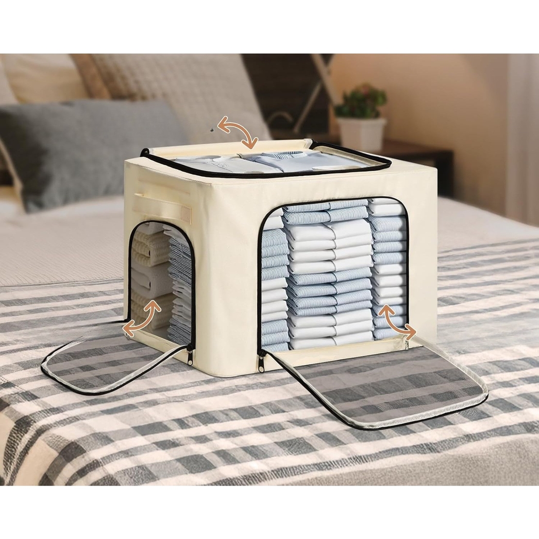 Cutie de Depozitare, Vafy, cu 3 Ferestre cu Fermoar Bidirectional, Cadru din Otel, Impermeabil, 38L, 42 x 30 x 30 cm, Bej
