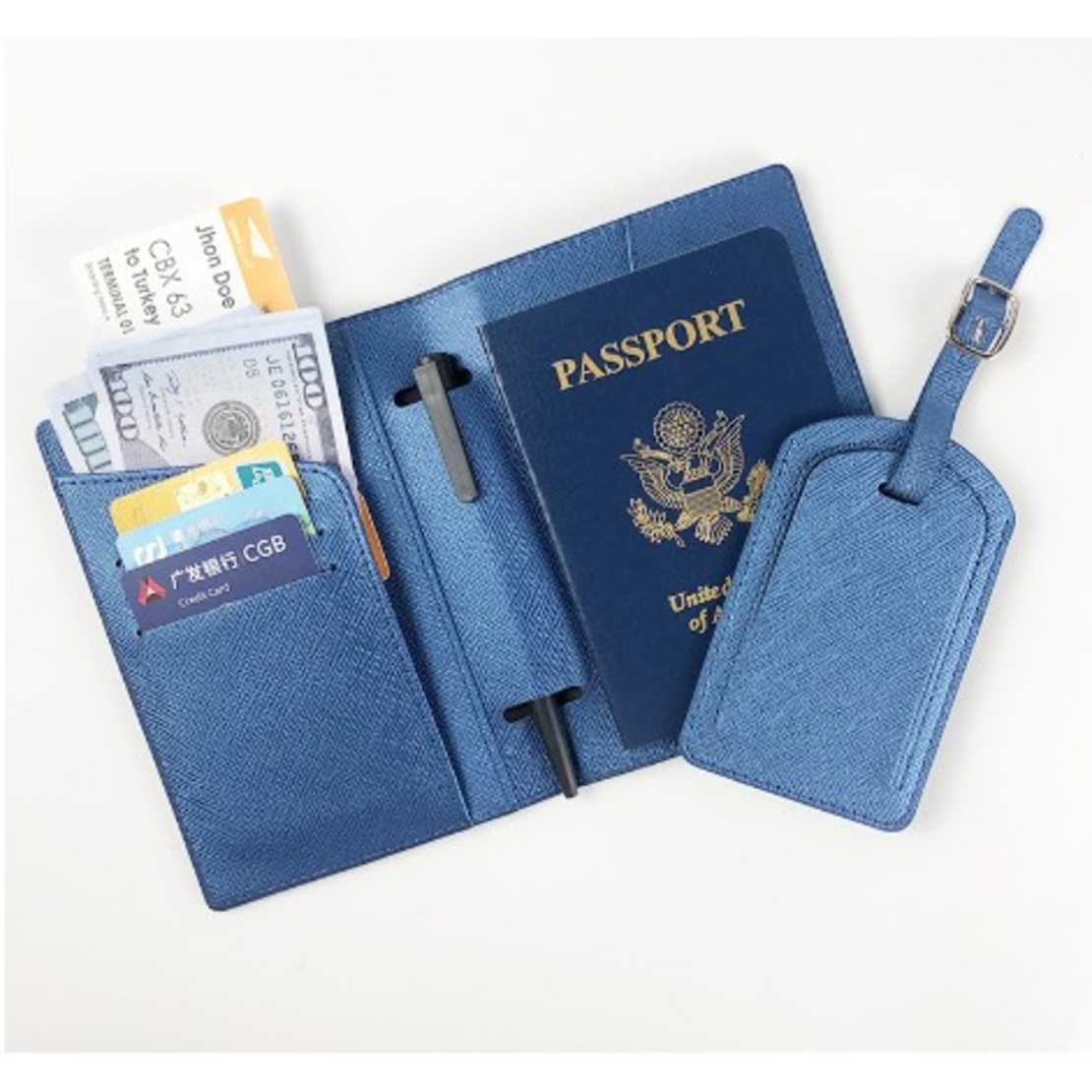 Portofel pentru Pasaport si Carduri, Vafy, 23x16 cm, 70g, din Piele PU, Suport Pix, Accesoriu Suport Eticheta, Unisex, Multifunctional, Albastru