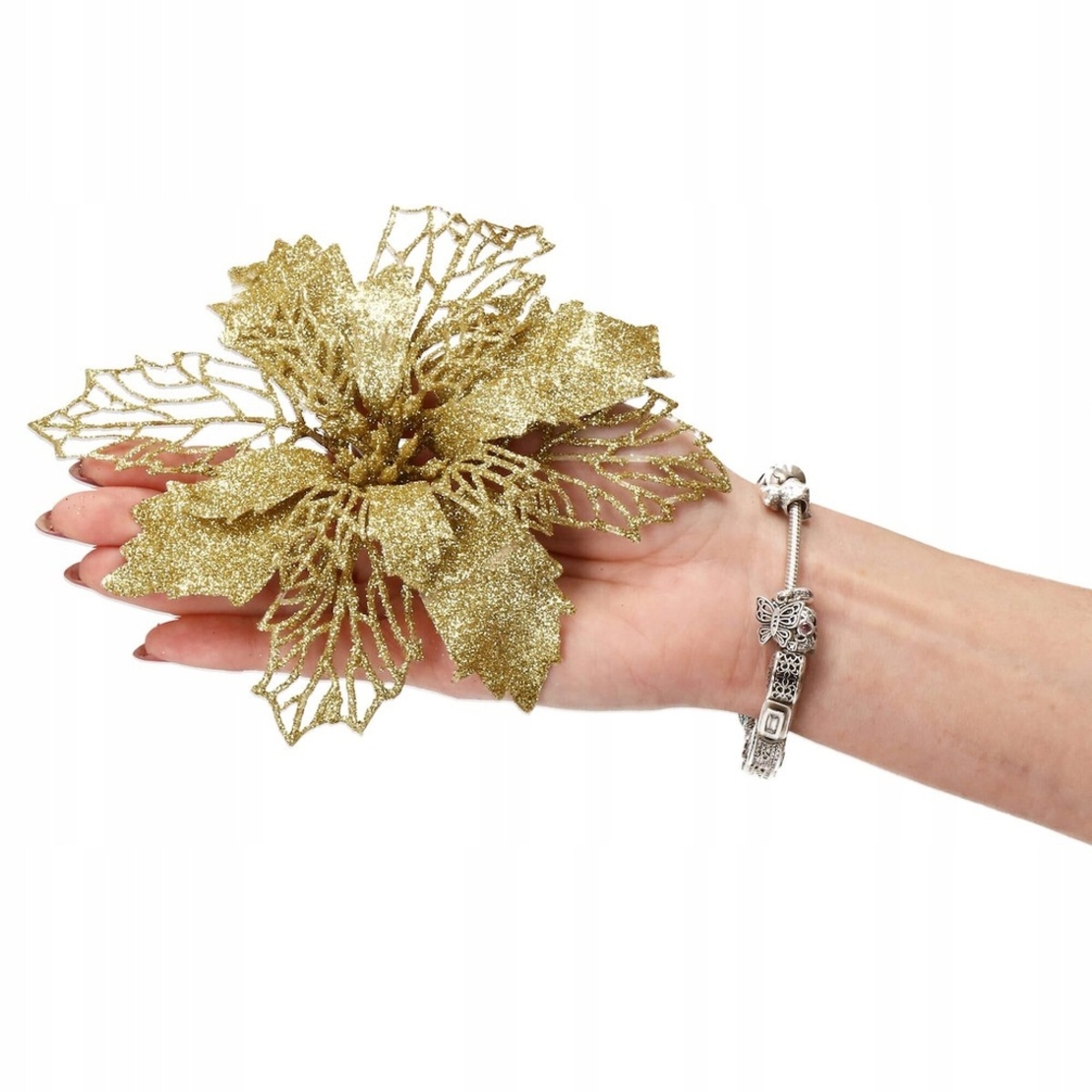 Set 10 ornamente pentru bradul de Craciun, stea Poinsettia, 16cm, galben auriu