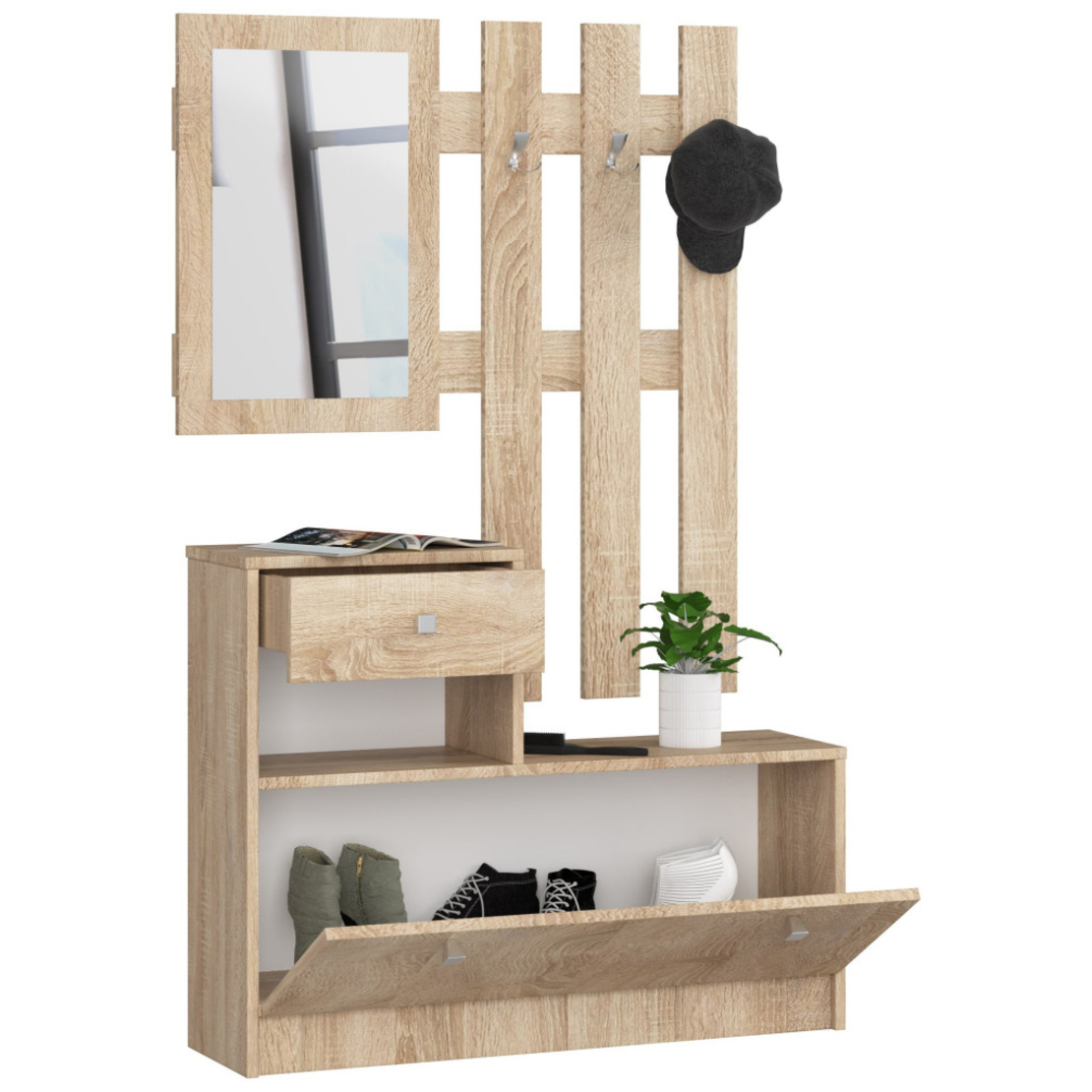 Set mobilier hol cu pantofar, oglinda, sertar si cuier metalic, PAL laminat, 90x25x170 cm, stejar sonoma
