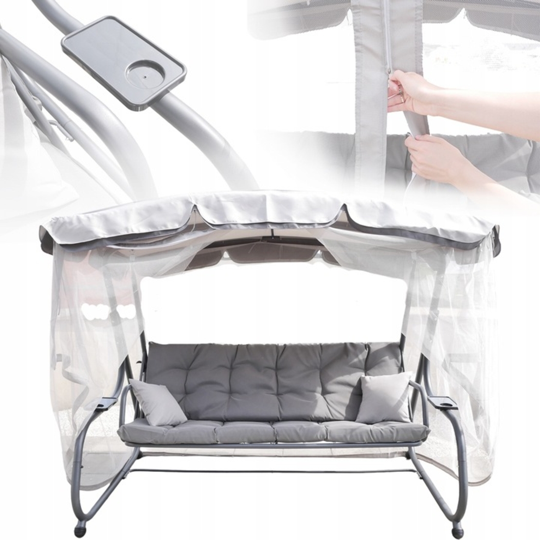 Balansoar leagan pat, 3 persoane, cu plasa tantari si perne, 350 kg, 220x130x175 cm, gri