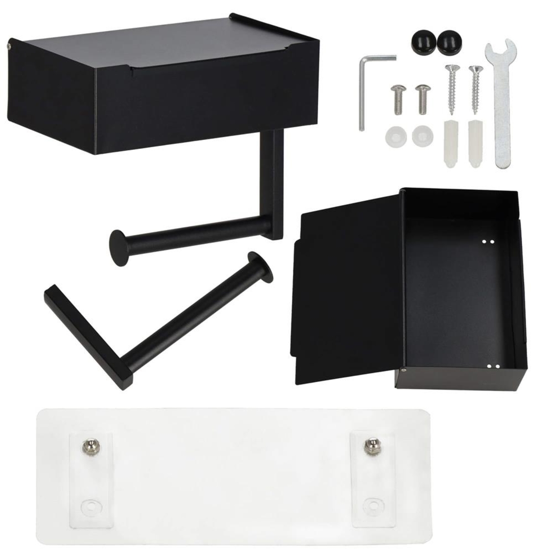 Suport hartie igienica din otel cu sertar depozitare, sistem montare inclus, 22cm, negru bej