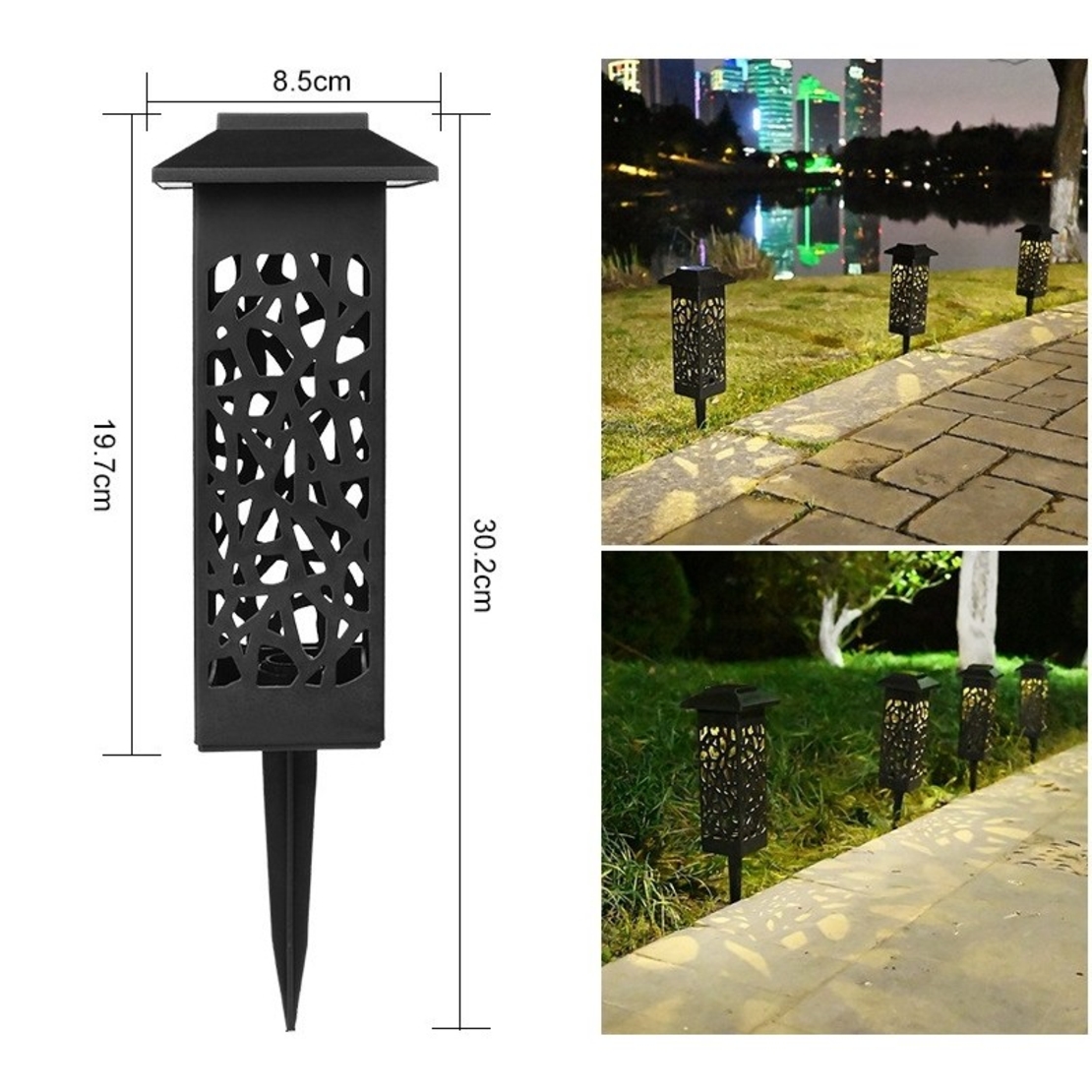 Lampa solara LED, Flippy, Set 6 Bucati, Tip Felinar cu Acoperis, pentru Gradina, Inaltime 30.2 cm, putere 0.2W, 1.2V, 600mAh, Lumina Alb Cald, Negru