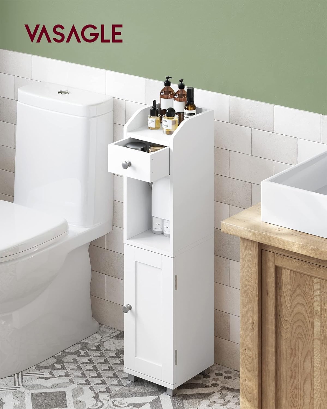 VASAGLE Dulap mic de depozitare pentru baie, din MDF, cu suport pentru hartie igienica, 20x18x77 cm, alb