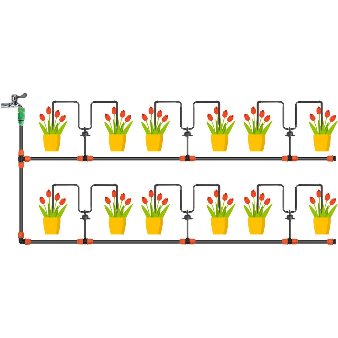 Set irigare gradina cu furtun PVC si picuratori, furtun 2 x 10 metri, 10 picuratori stick cu tub, negru
