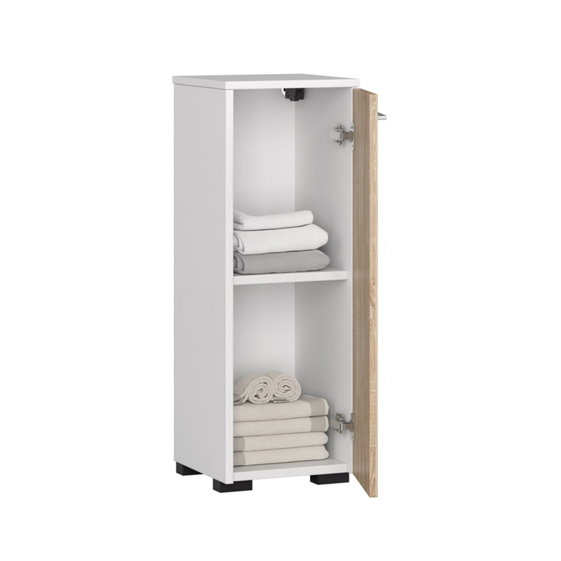 Dulap de baie tip baza, cu usa reversibila si raft interior, PAL 16 mm, 30x30x85 cm, alb si sonoma